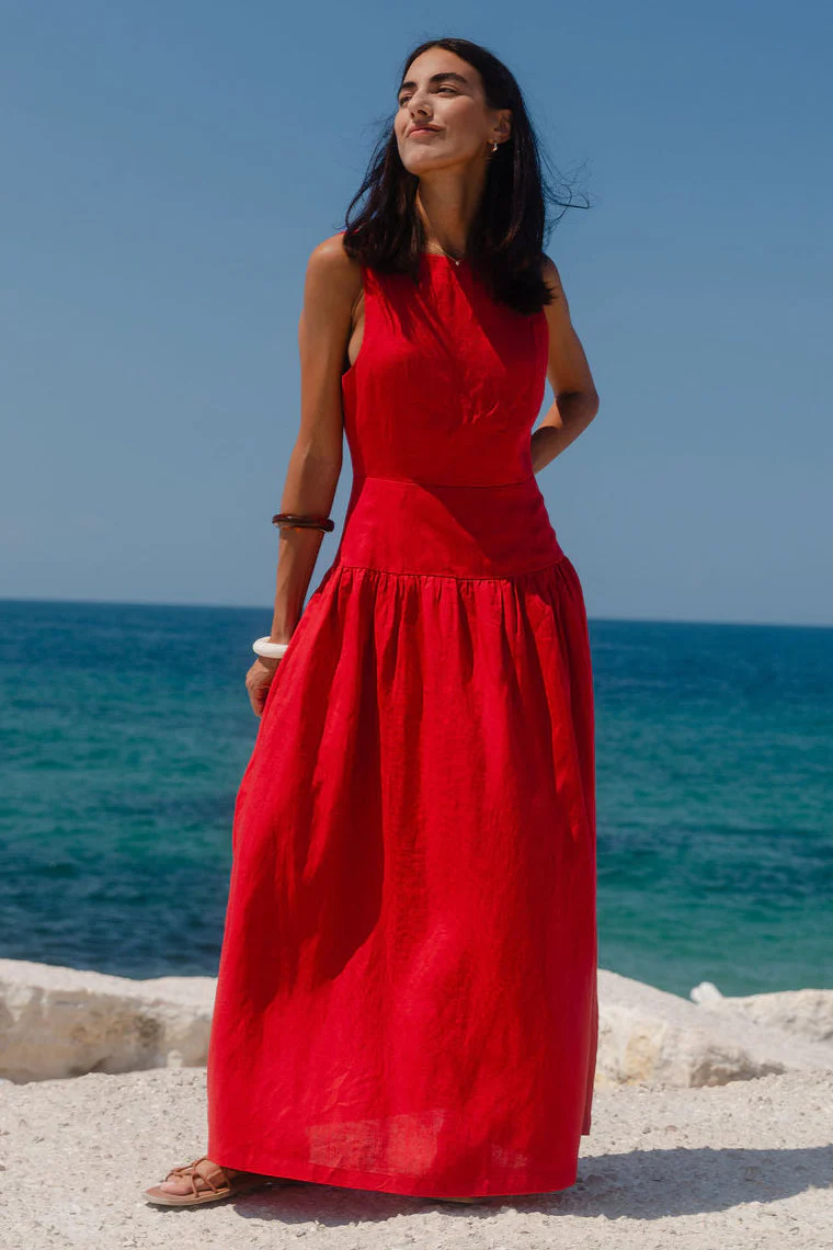 Results Red Linen Blend Structured Sleeveless Maxi Dress