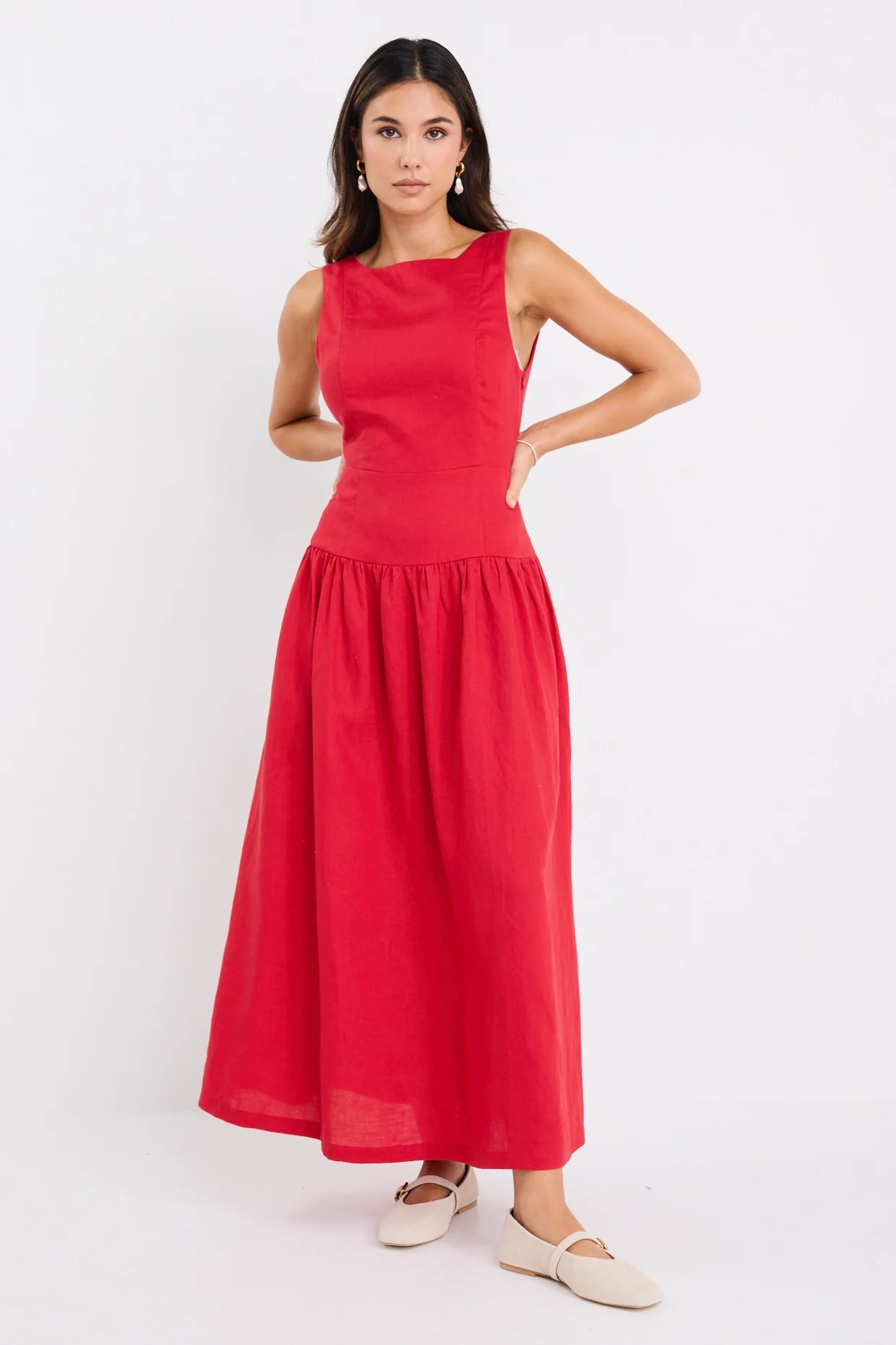 Results Red Linen Blend Structured Sleeveless Maxi Dress - Image 2