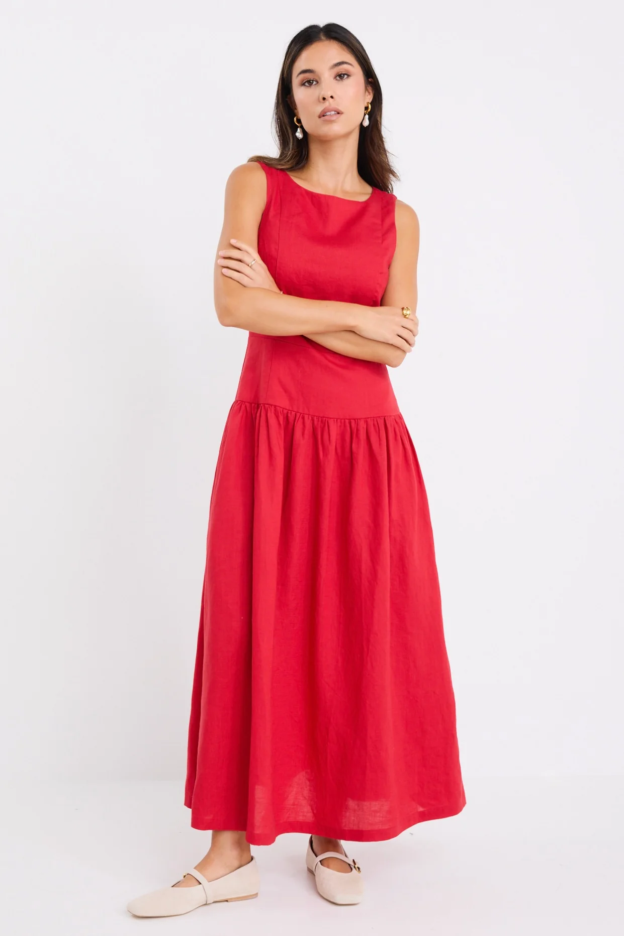 Results Red Linen Blend Structured Sleeveless Maxi Dress - Image 6