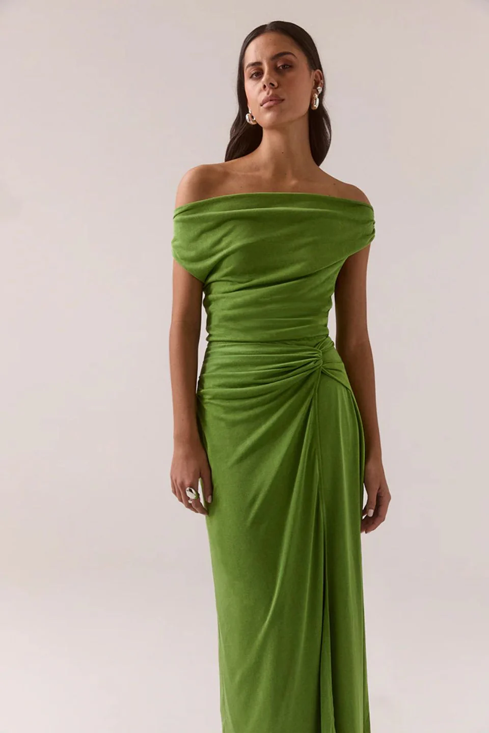 Reya Nettle Green Gathered Wasit Sleeveless Maxi Dress