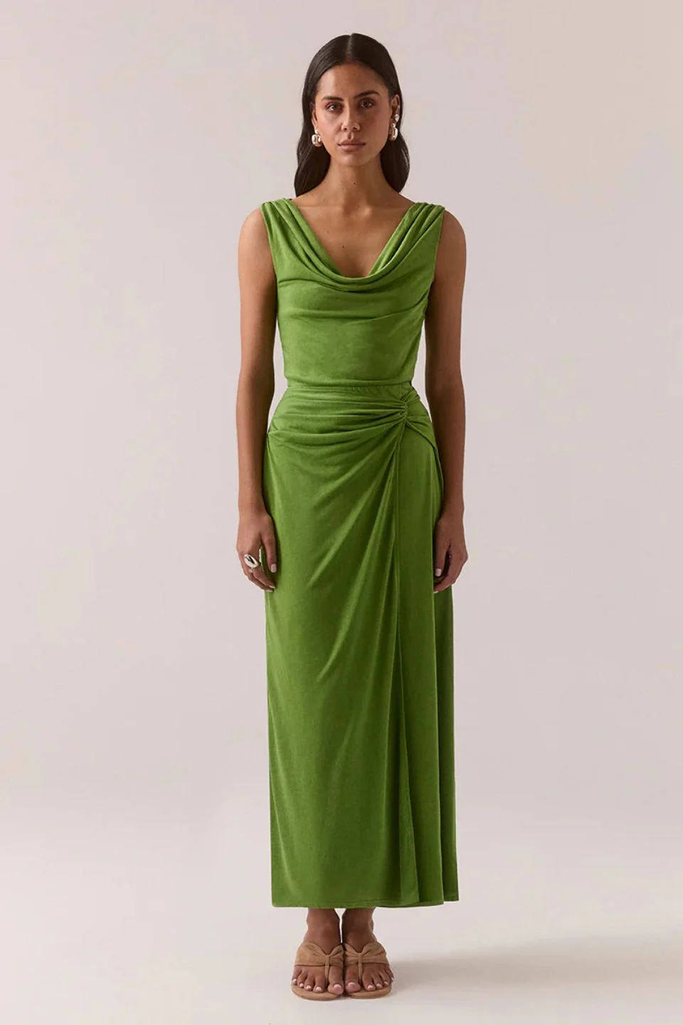 Reya Nettle Green Gathered Wasit Sleeveless Maxi Dress - Image 2