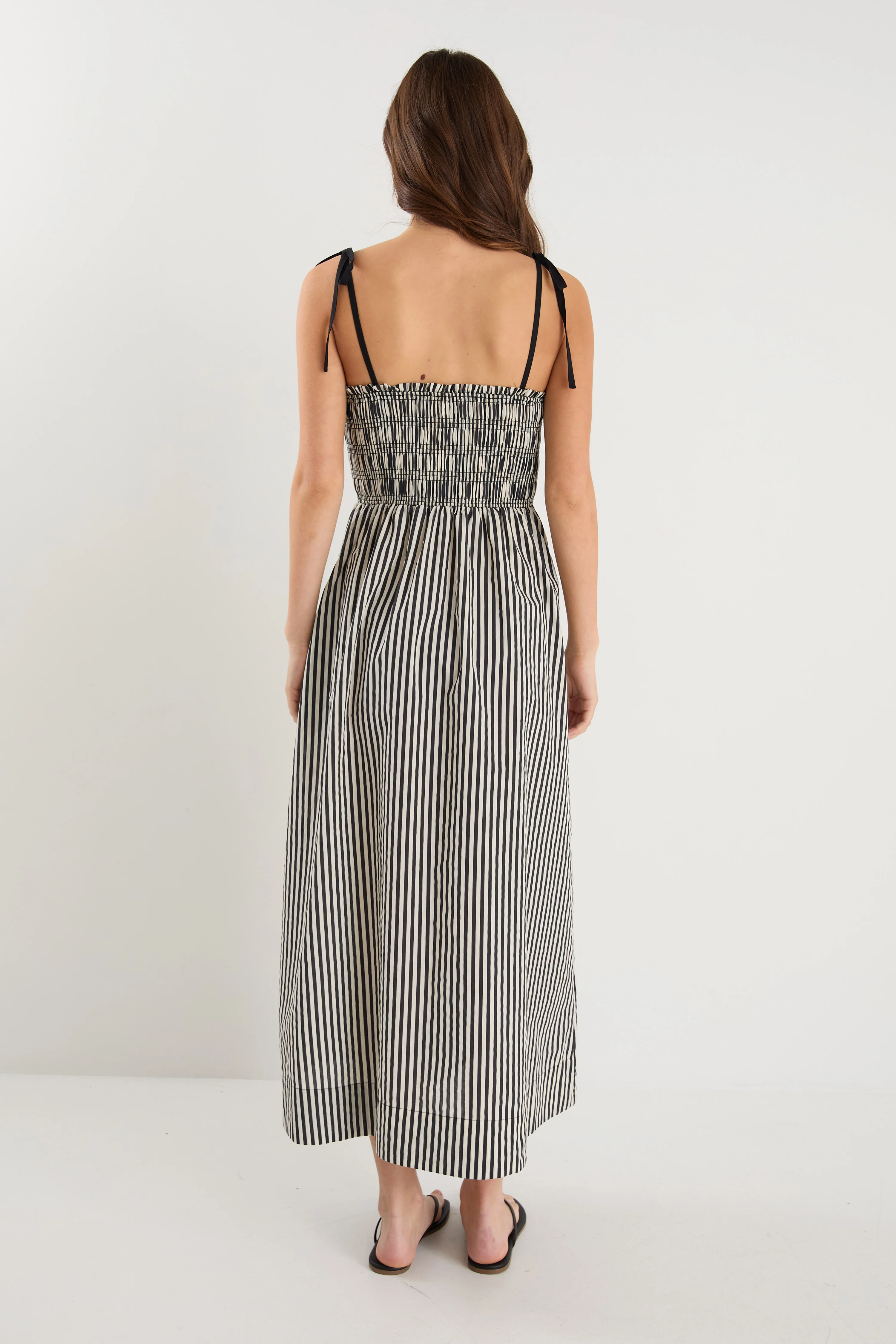 Rhapsody Black Cream Stripe Strappy Shirred Bodice Maxi Dress - Image 6