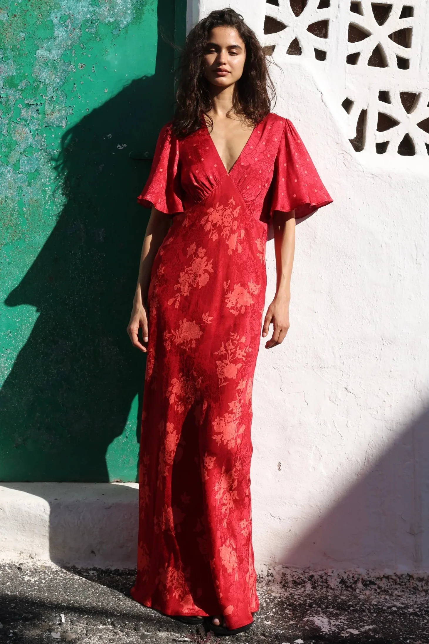 Rhea Red Floral V Neck Flutter Sleeve Maxi Dress