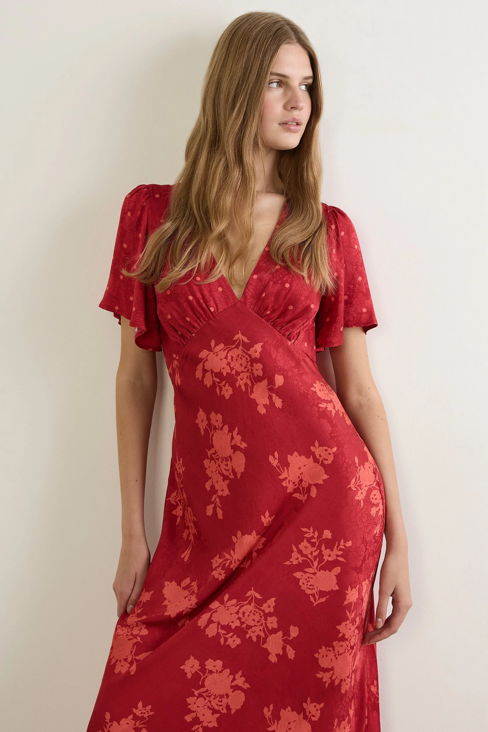 Rhea Red Floral V Neck Flutter Sleeve Maxi Dress - Image 2