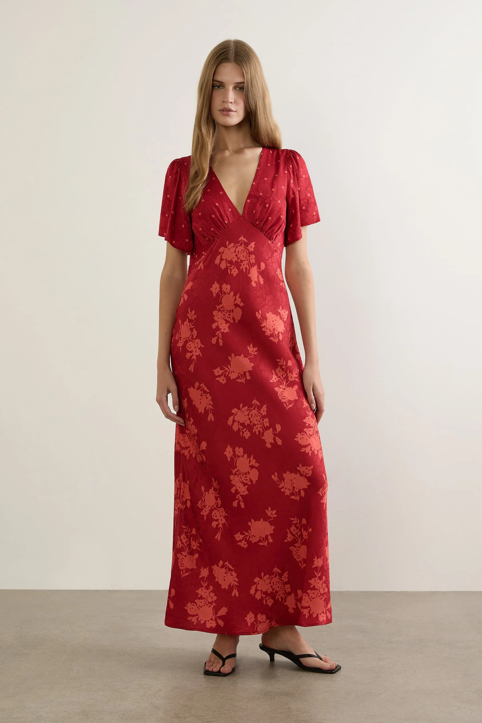 Rhea Red Floral V Neck Flutter Sleeve Maxi Dress - Image 3