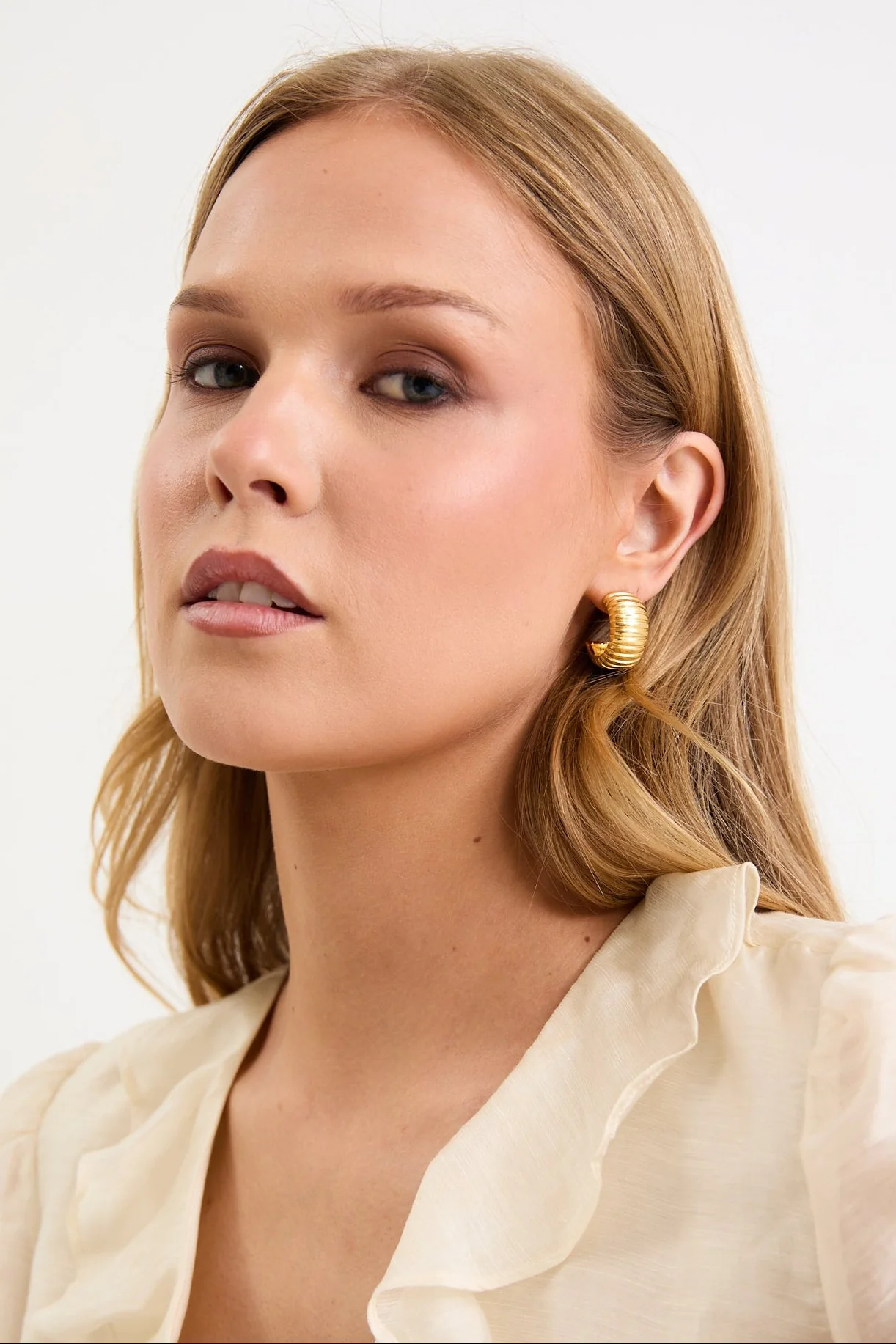 Ridged 14k Gold Plate Huggie Stud Earring - Image 2