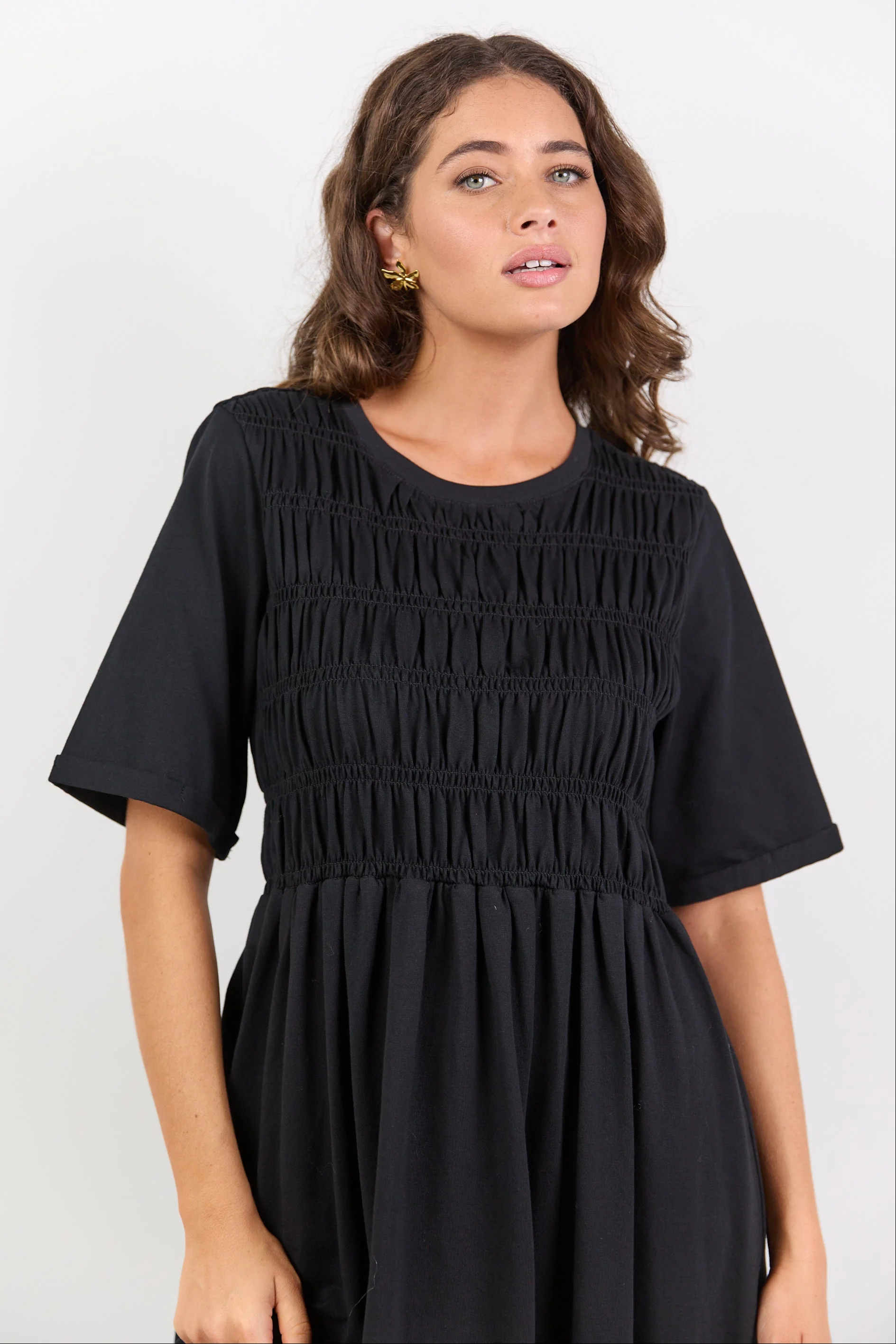 Ripple Black Shirred Bodice Short Sleeve Knit Midi Dress - Image 2