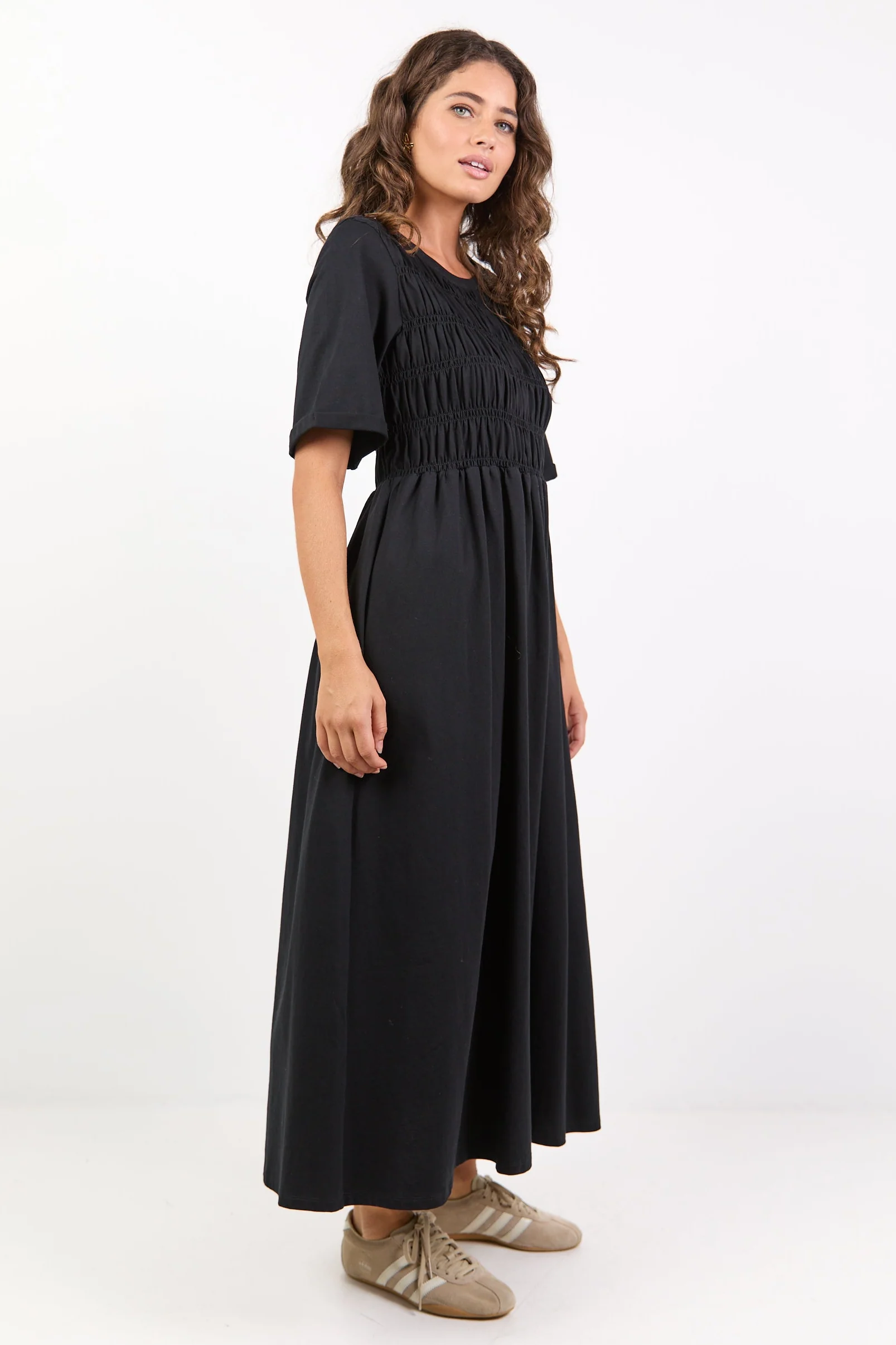 Ripple Black Shirred Bodice Short Sleeve Knit Midi Dress - Image 3
