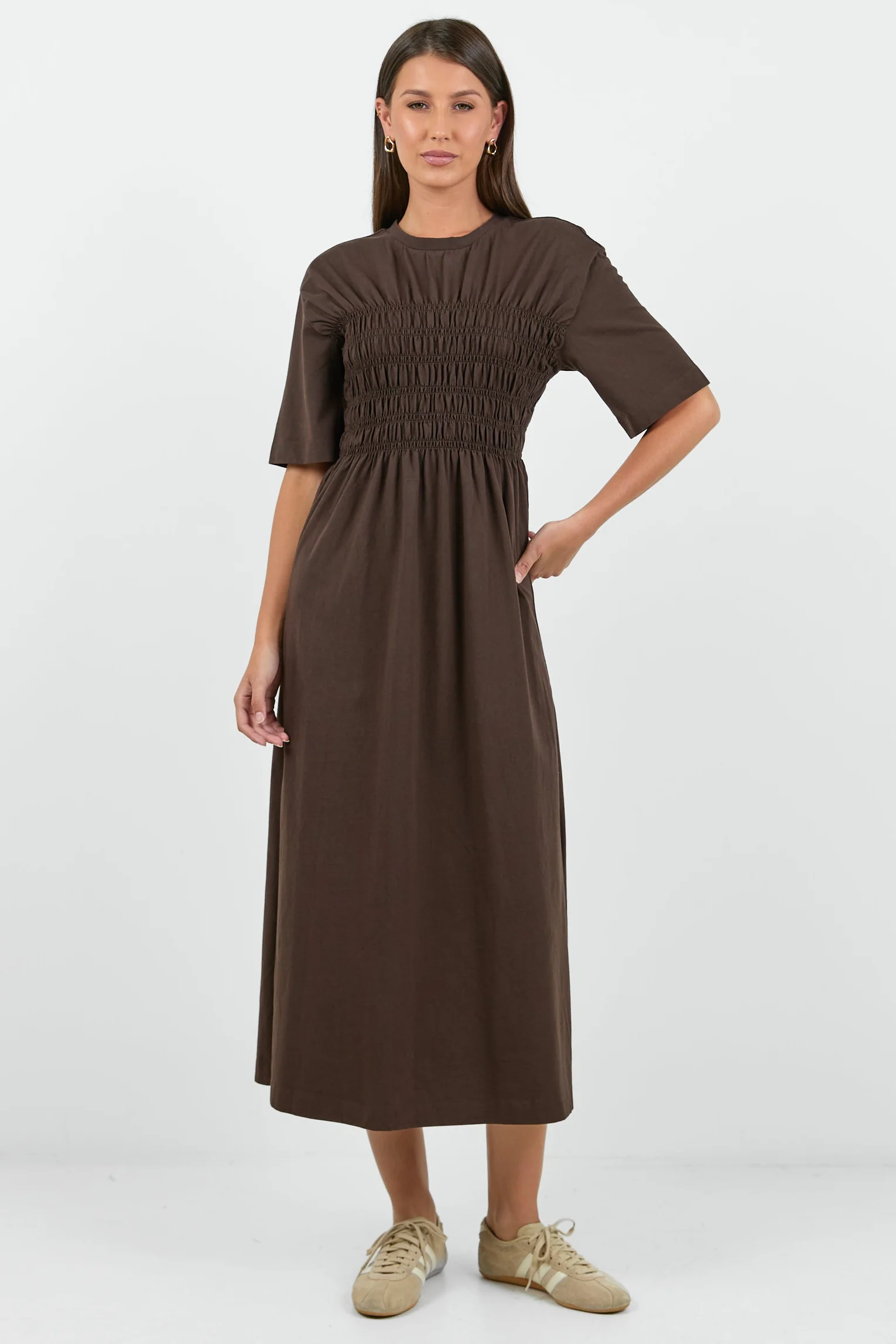 Ripple Chocolate Shirred Bodice Short Sleeve Knit Midi Dress