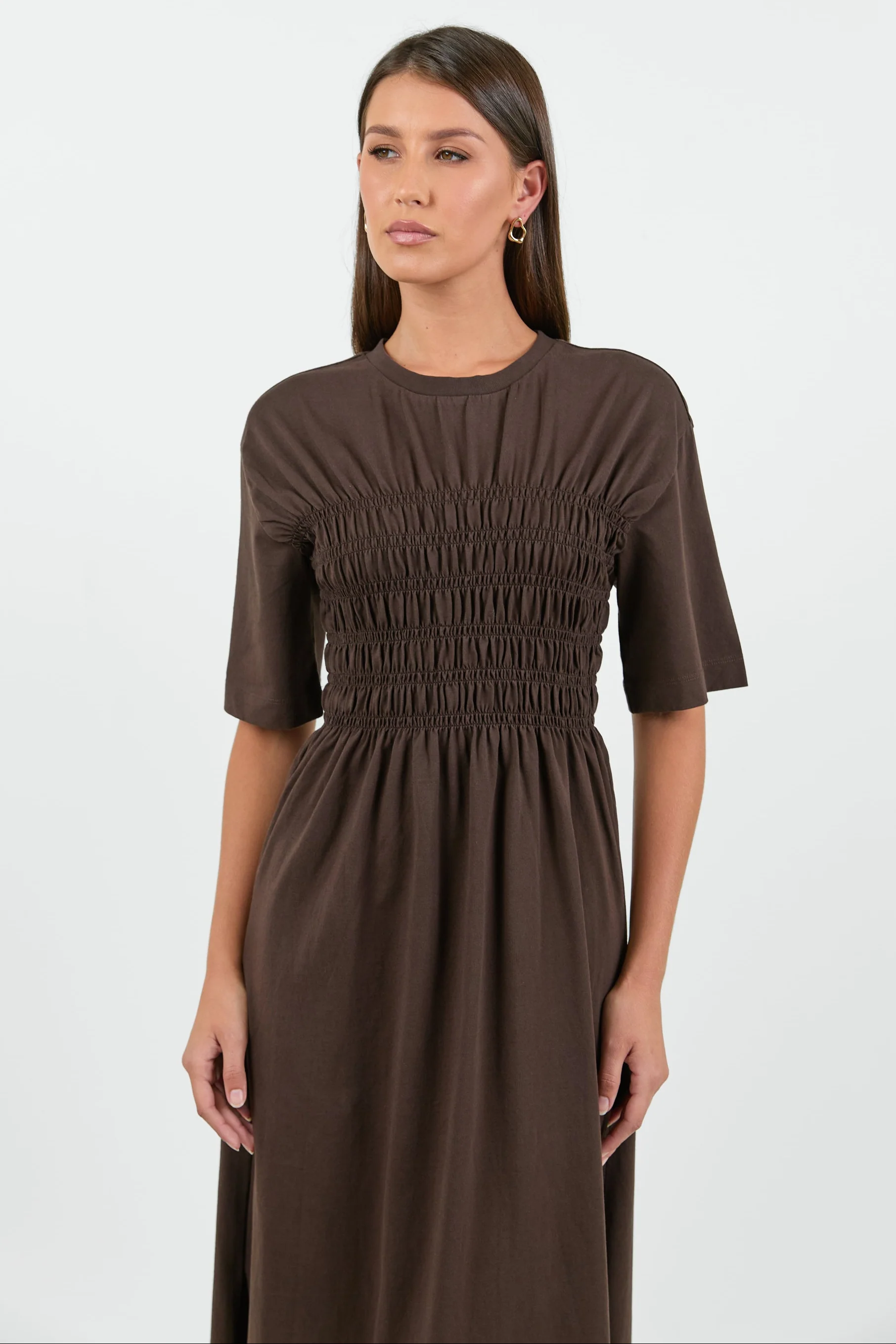 Ripple Chocolate Shirred Bodice Short Sleeve Knit Midi Dress - Image 2