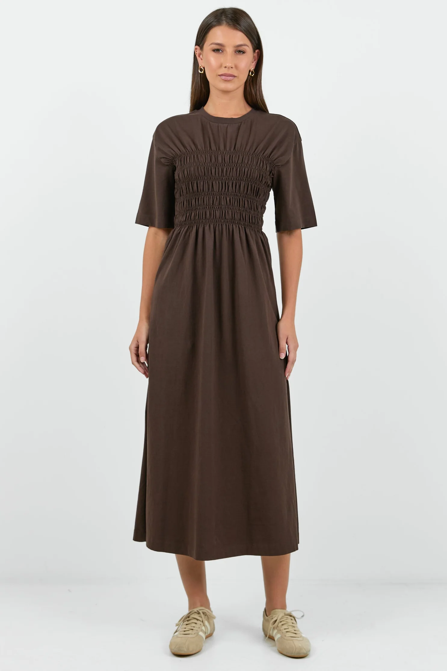 Ripple Chocolate Shirred Bodice Short Sleeve Knit Midi Dress - Image 3