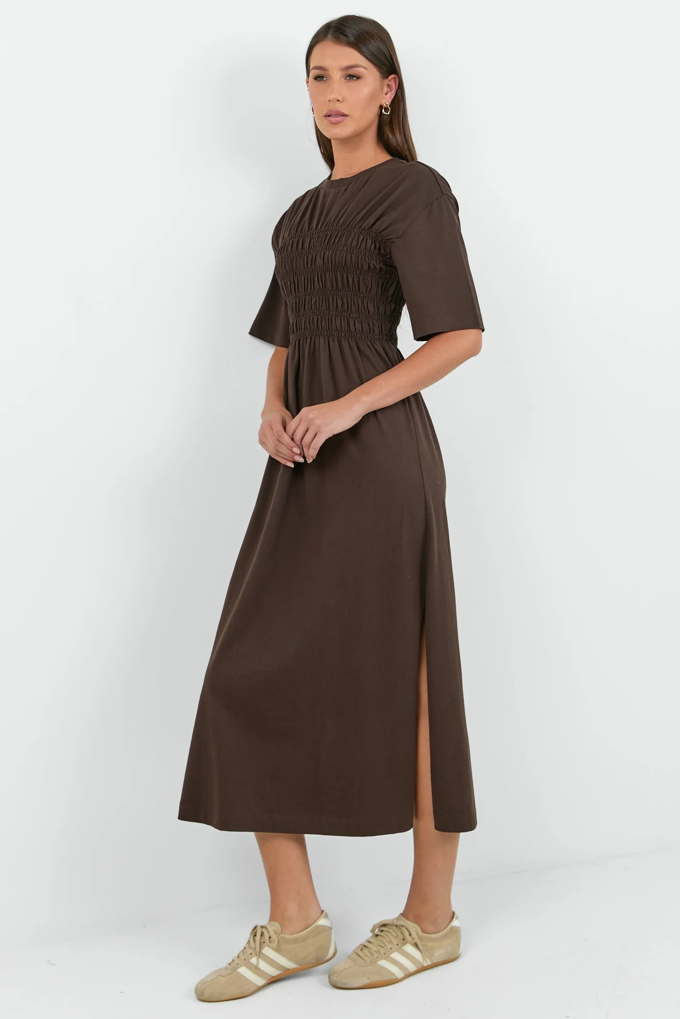 Ripple Chocolate Shirred Bodice Short Sleeve Knit Midi Dress - Image 5