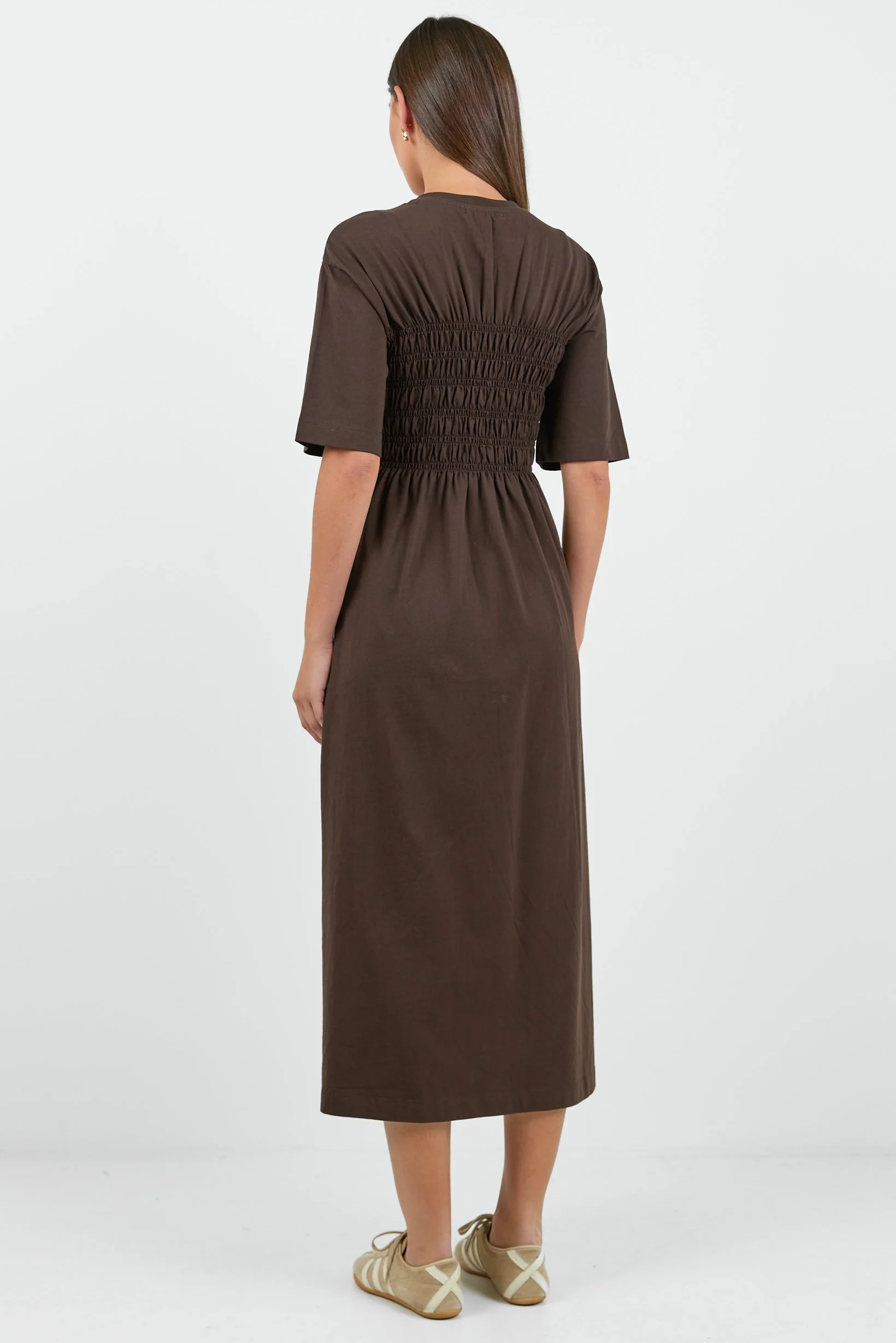 Ripple Chocolate Shirred Bodice Short Sleeve Knit Midi Dress - Image 6