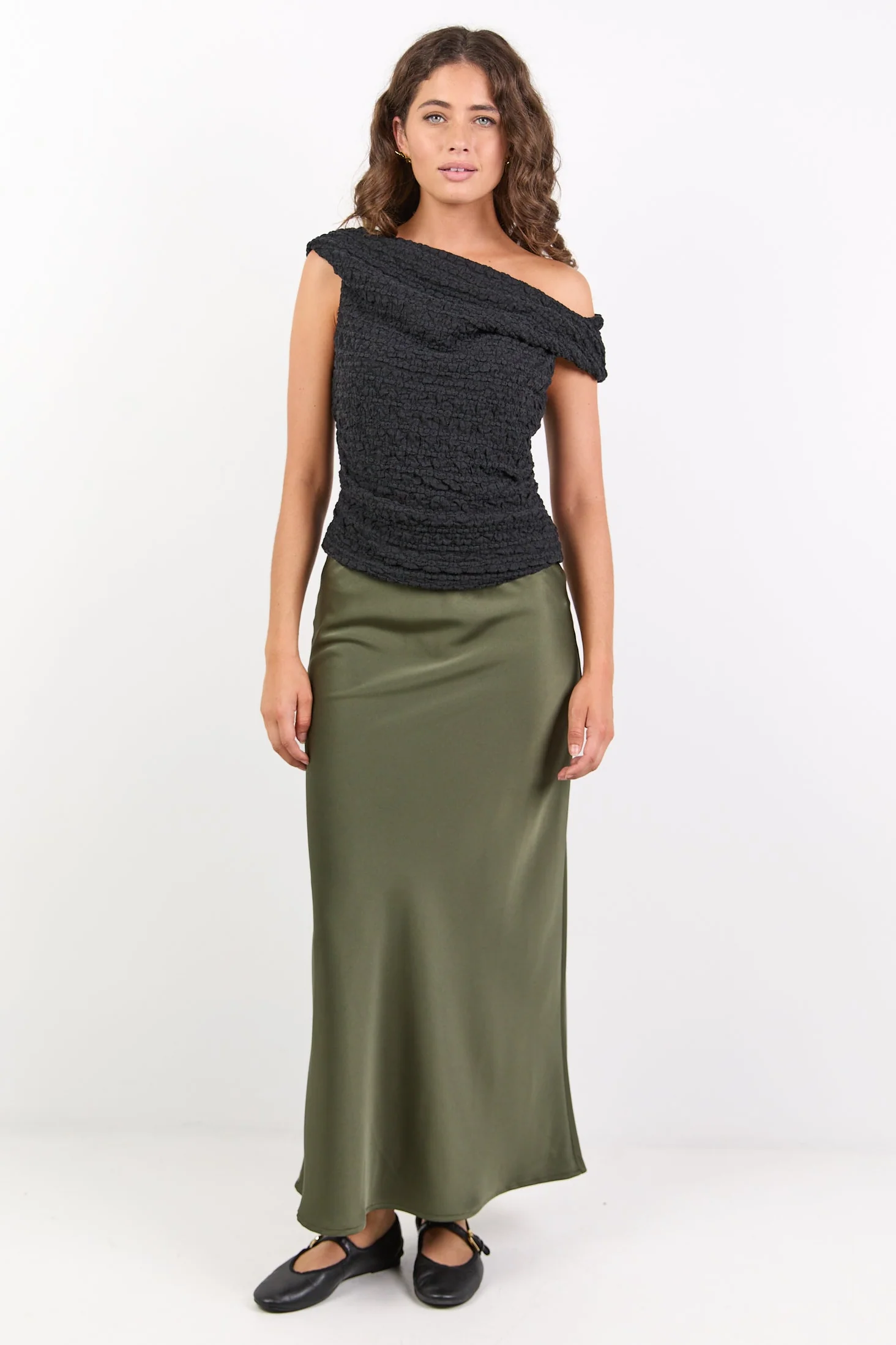 Rosette Khaki Satin Bias Midi Skirt