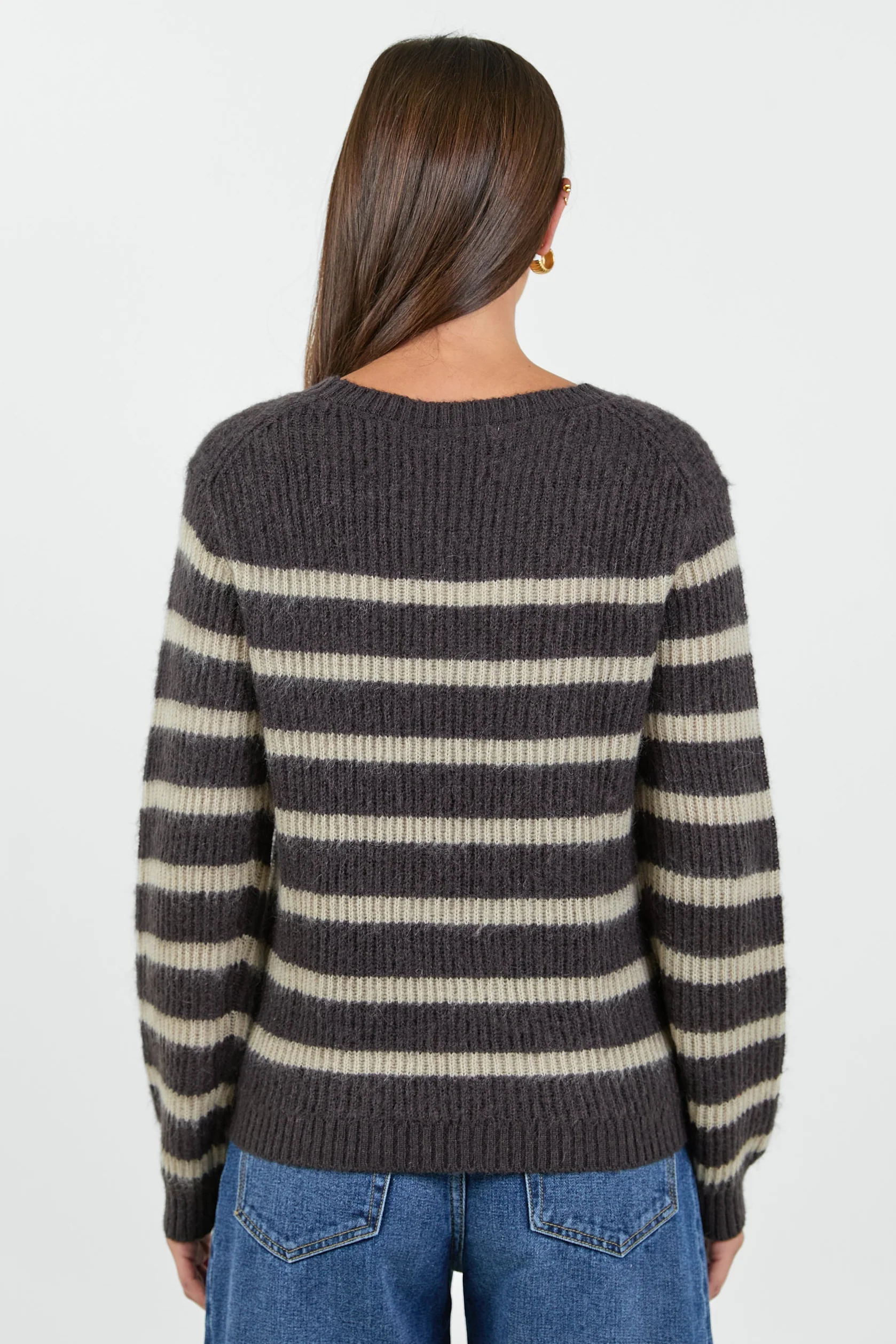 Routine Chocolate Champagne Stripe LS Striped Fluffy Knit Jumper - Image 5