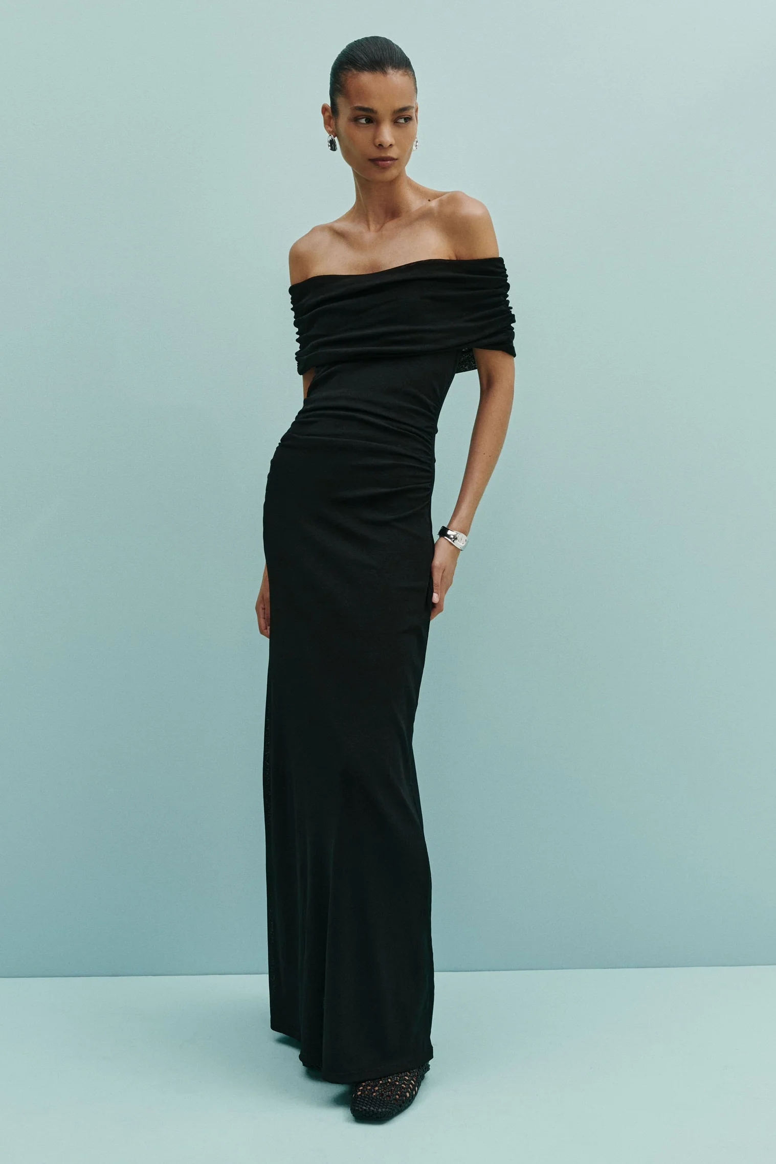 Rue Black Mesh Off Shoulder SS Midi Dress