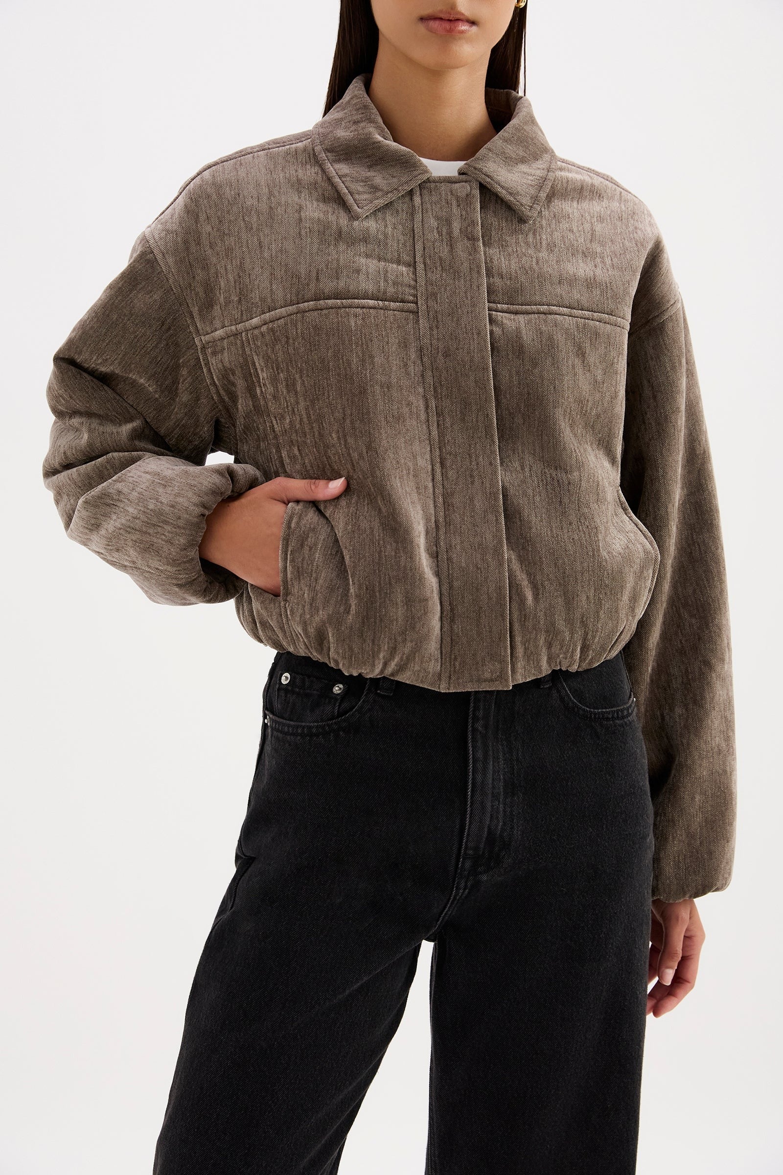 Sabina Driftwood Taupe Faux Suede Collared Bomber - Image 3