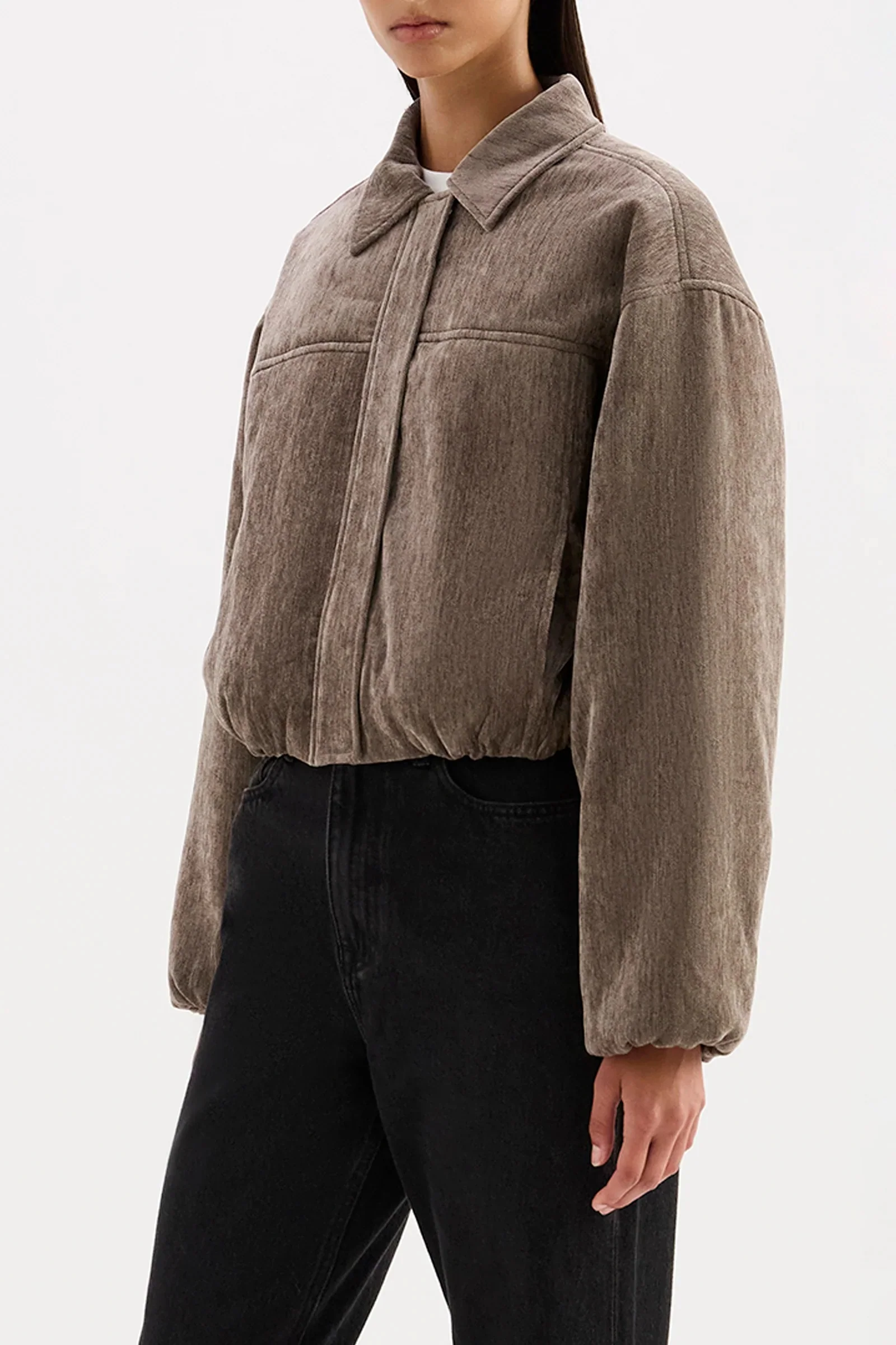 Sabina Driftwood Taupe Faux Suede Collared Bomber - Image 4