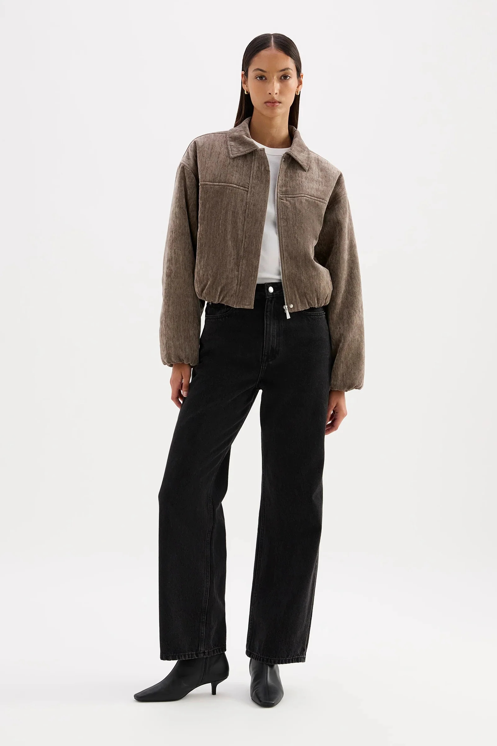 Sabina Driftwood Taupe Faux Suede Collared Bomber - Image 6