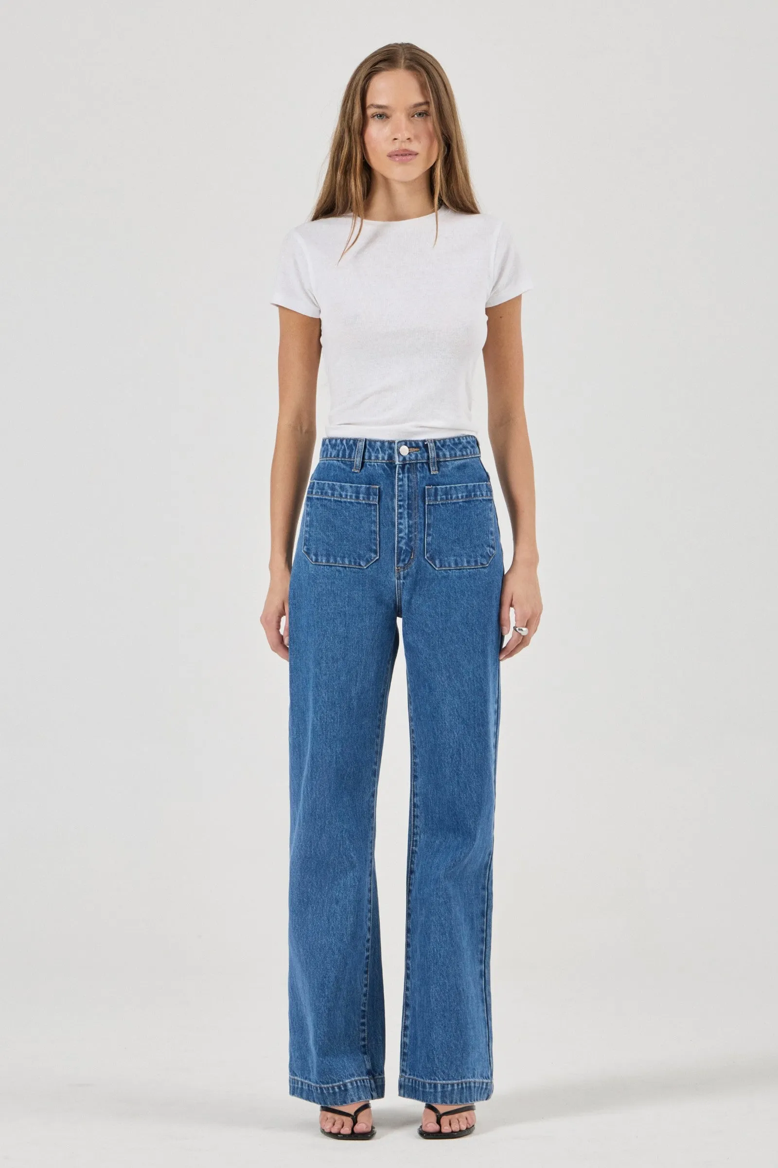 Sailor Ashley Blue Front Pocket Wide Long Denim Jean