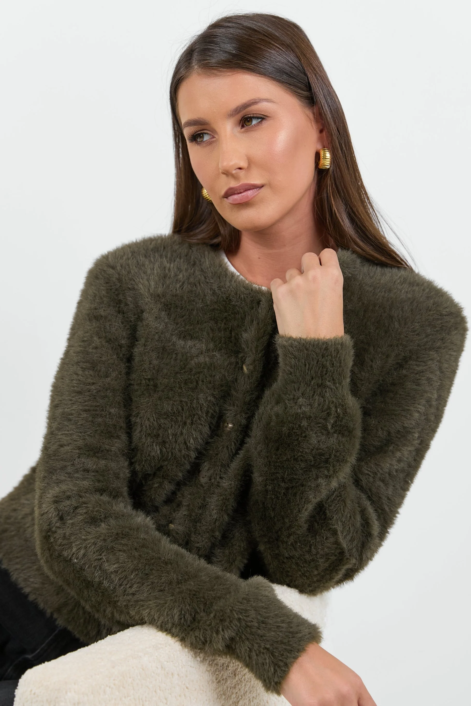 Sequel Khaki Fluffy Knit LS Cardigan