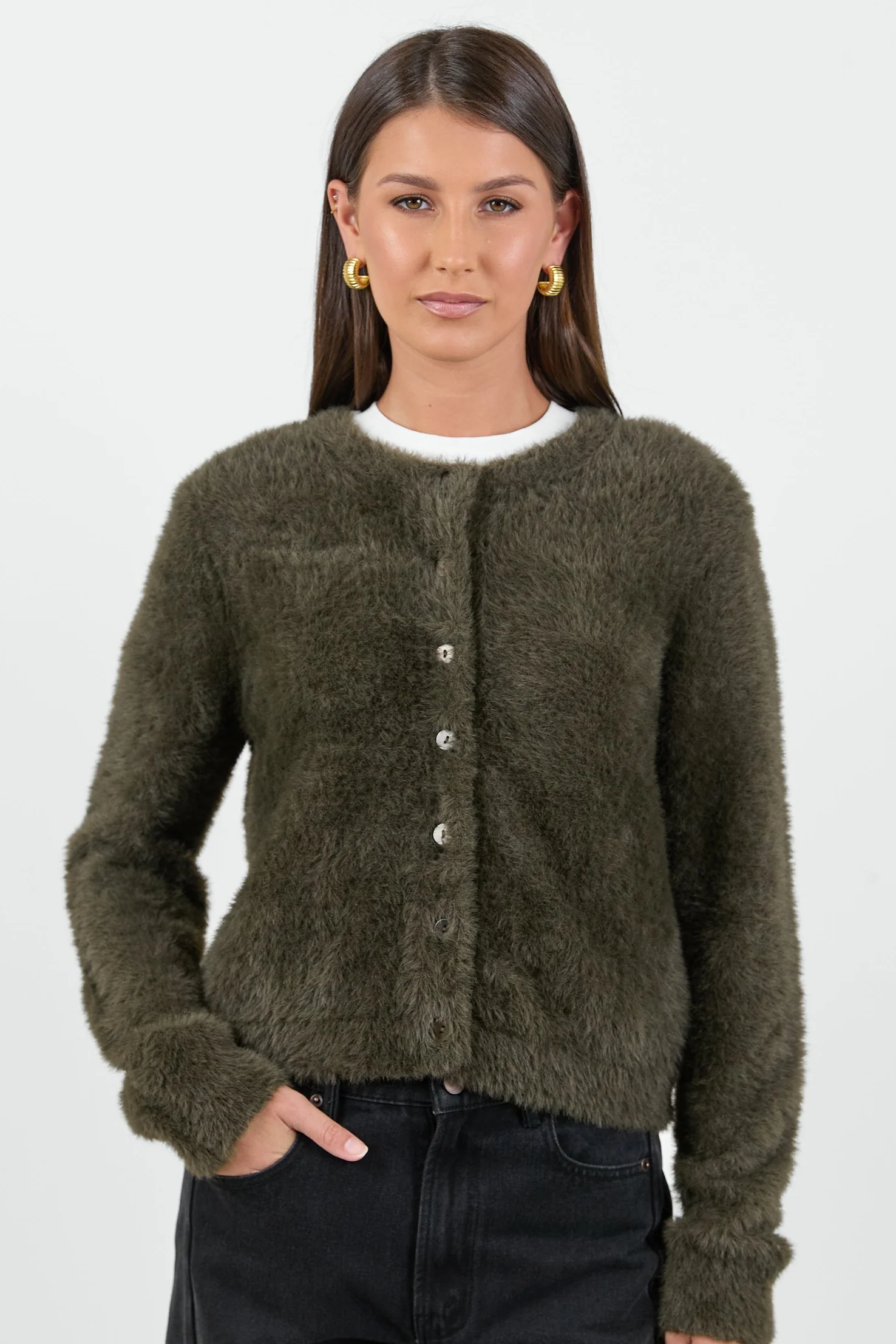Sequel Khaki Fluffy Knit LS Cardigan - Image 4