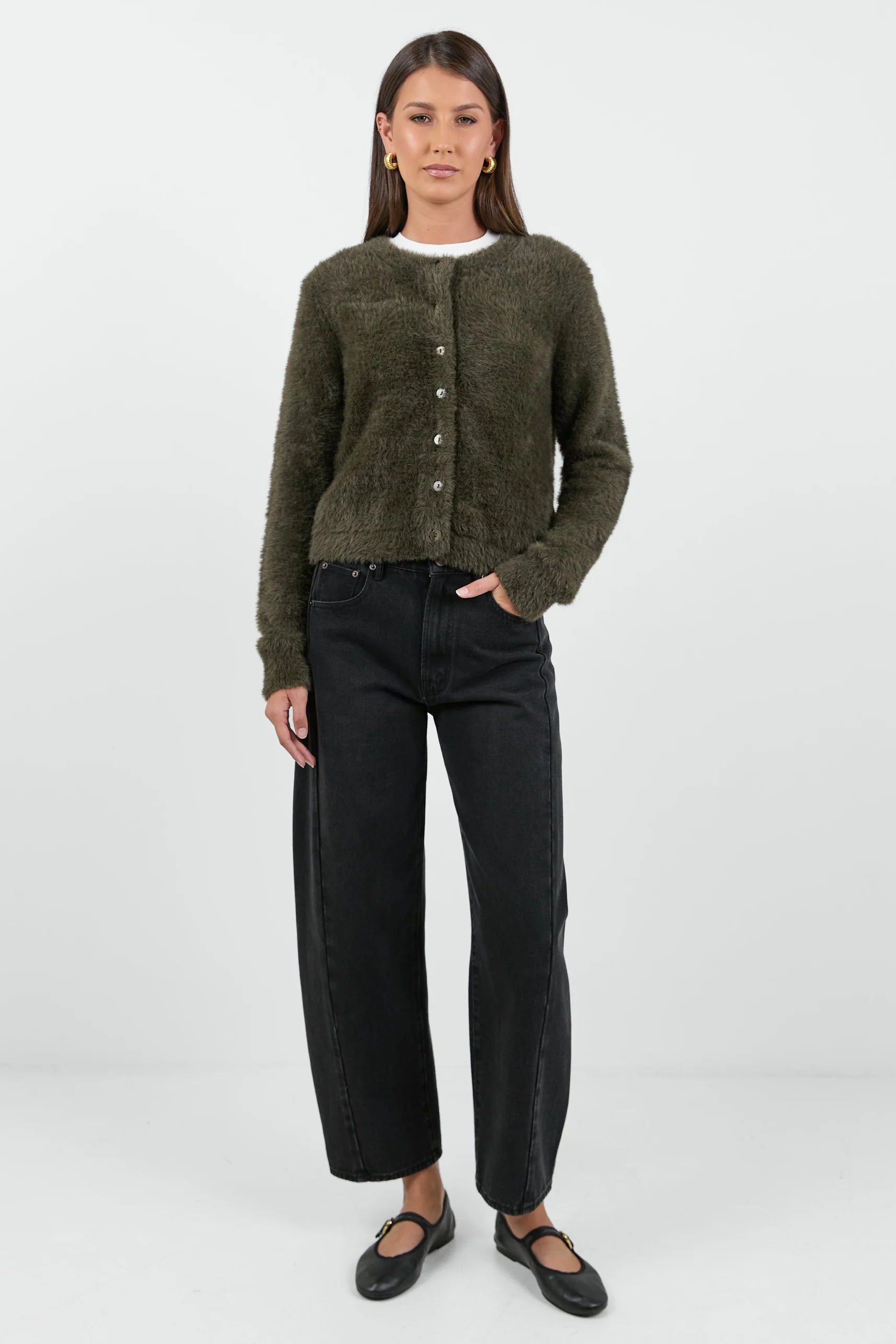 Sequel Khaki Fluffy Knit LS Cardigan - Image 5