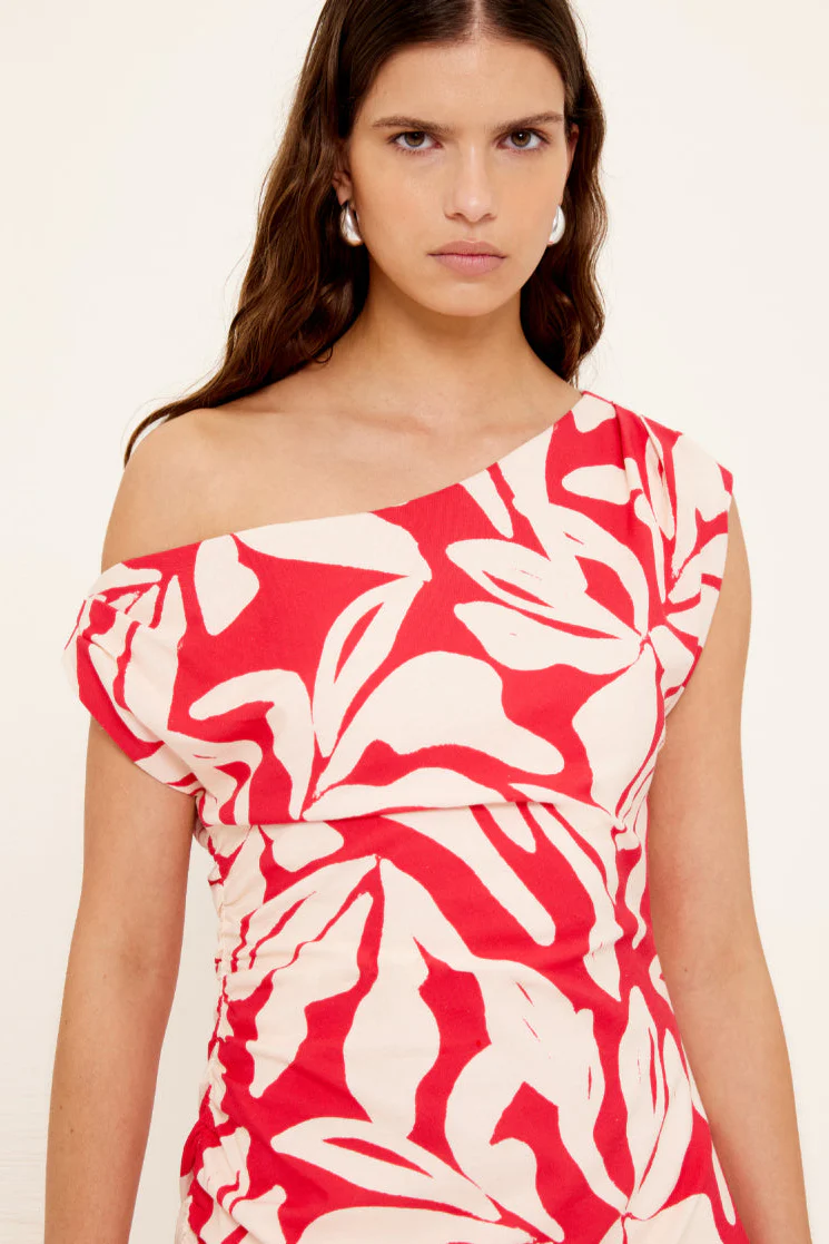 Serata Red Floral Off Shoulder Midi Dress - Image 2