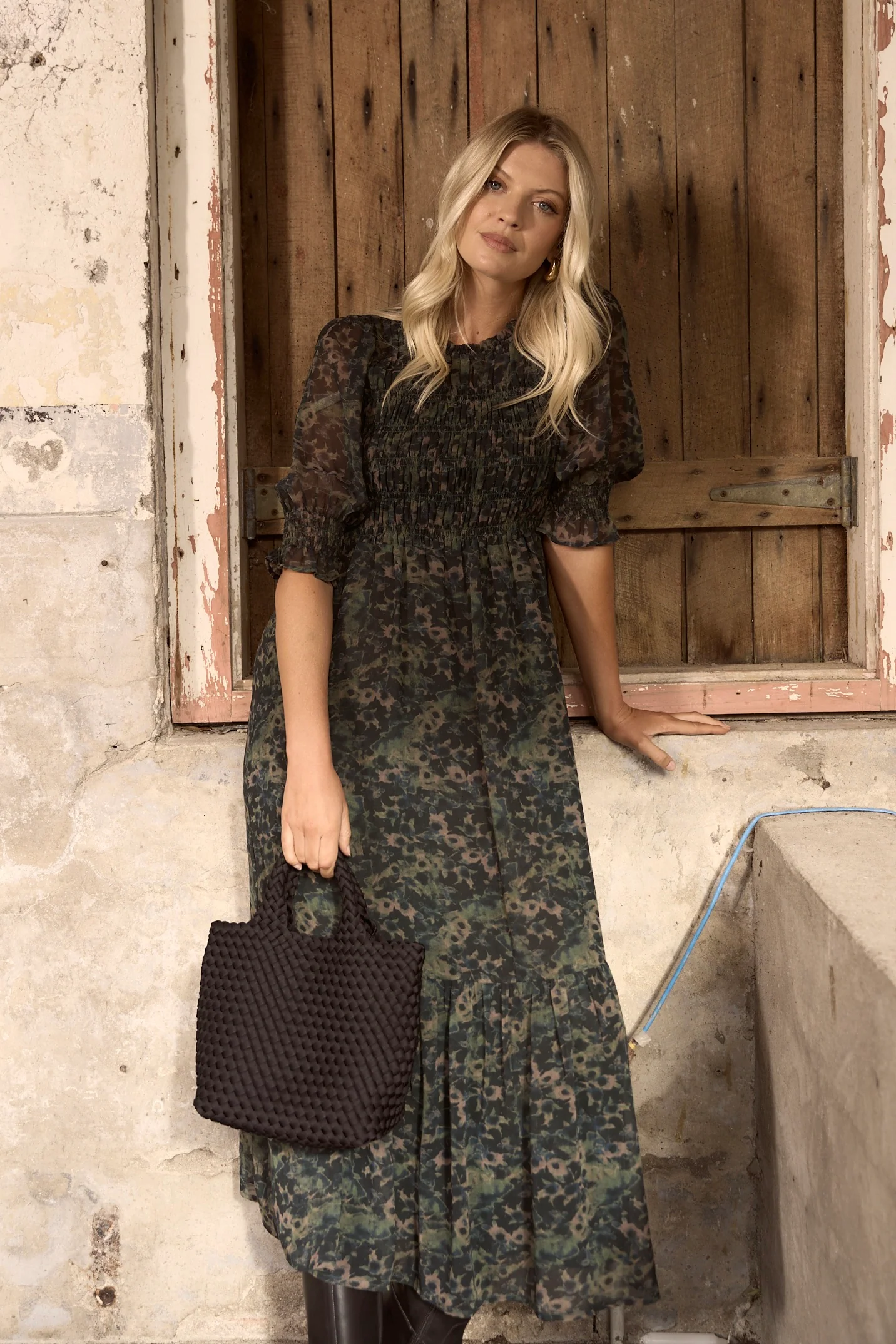 Showcase Khaki Ditsy Print Georgette Puff Sleeve Tiered Maxi Dress