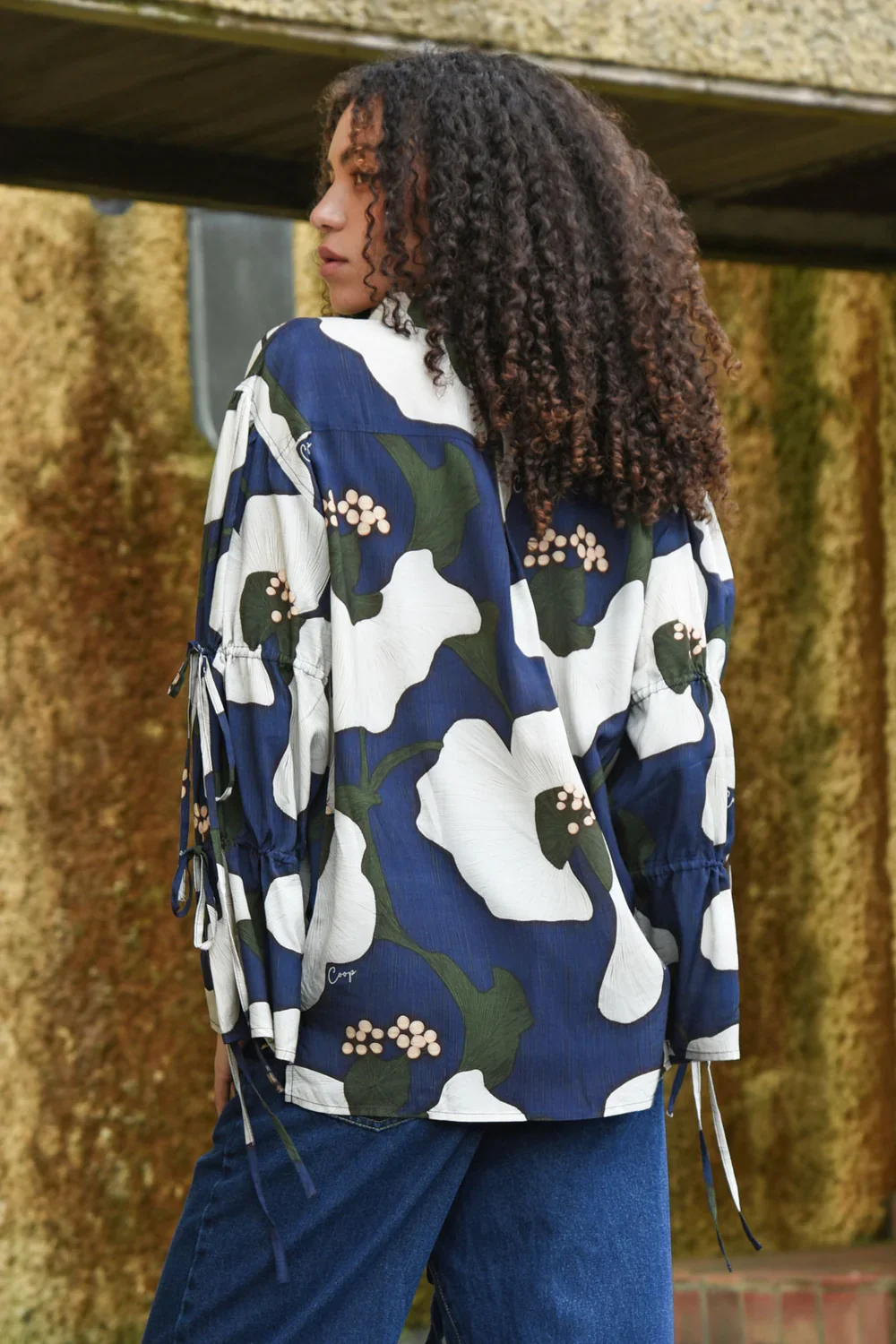 Sleeve It To Me Navy Print Tie Detail LS Top - Image 3