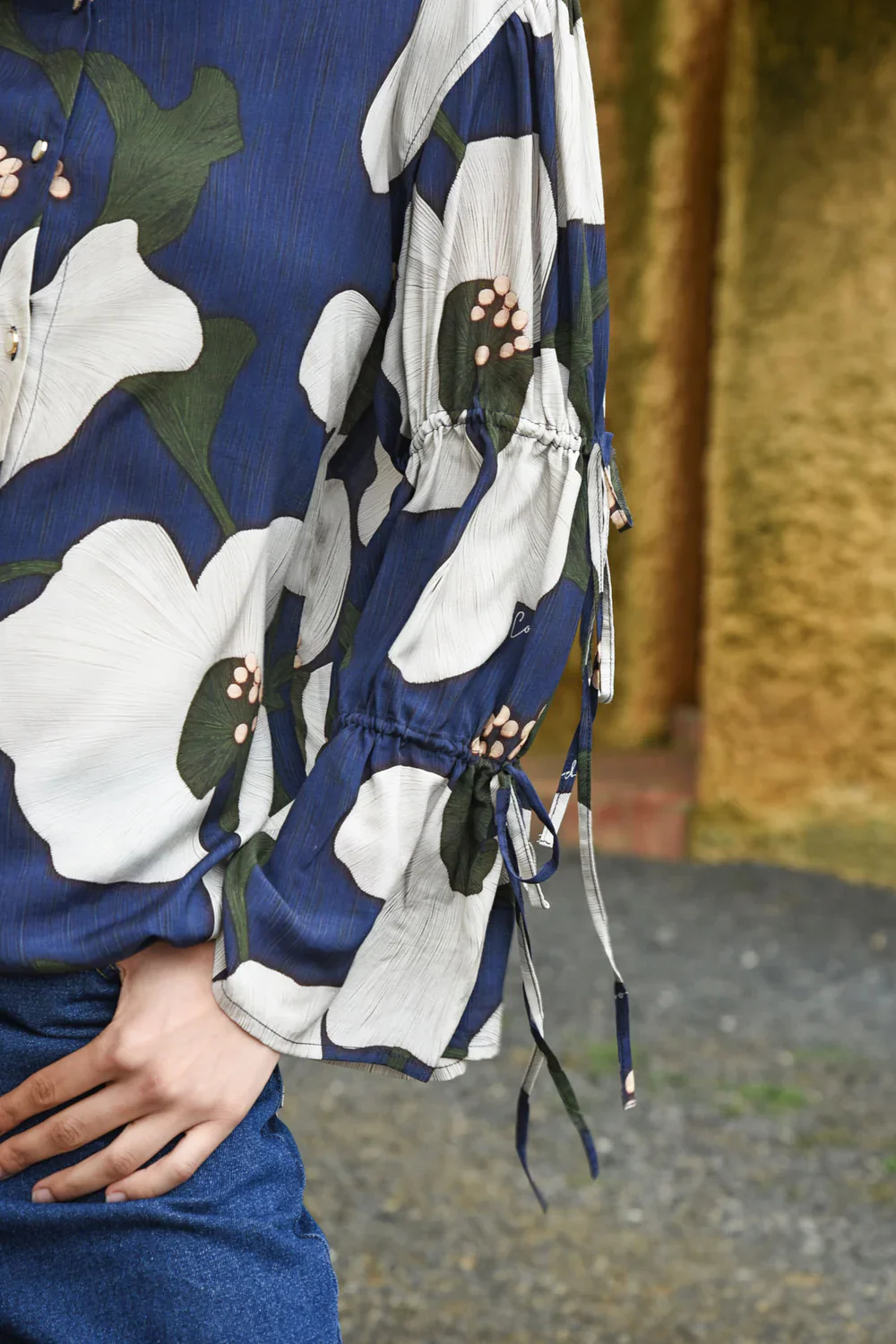 Sleeve It To Me Navy Print Tie Detail LS Top - Image 4