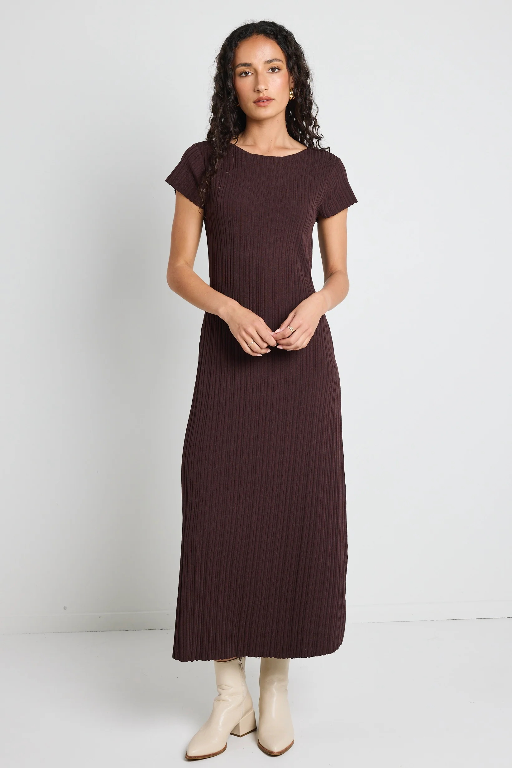 Smoulder Chocolate Boat Neck Rib Knit Maxi Dress - Image 4