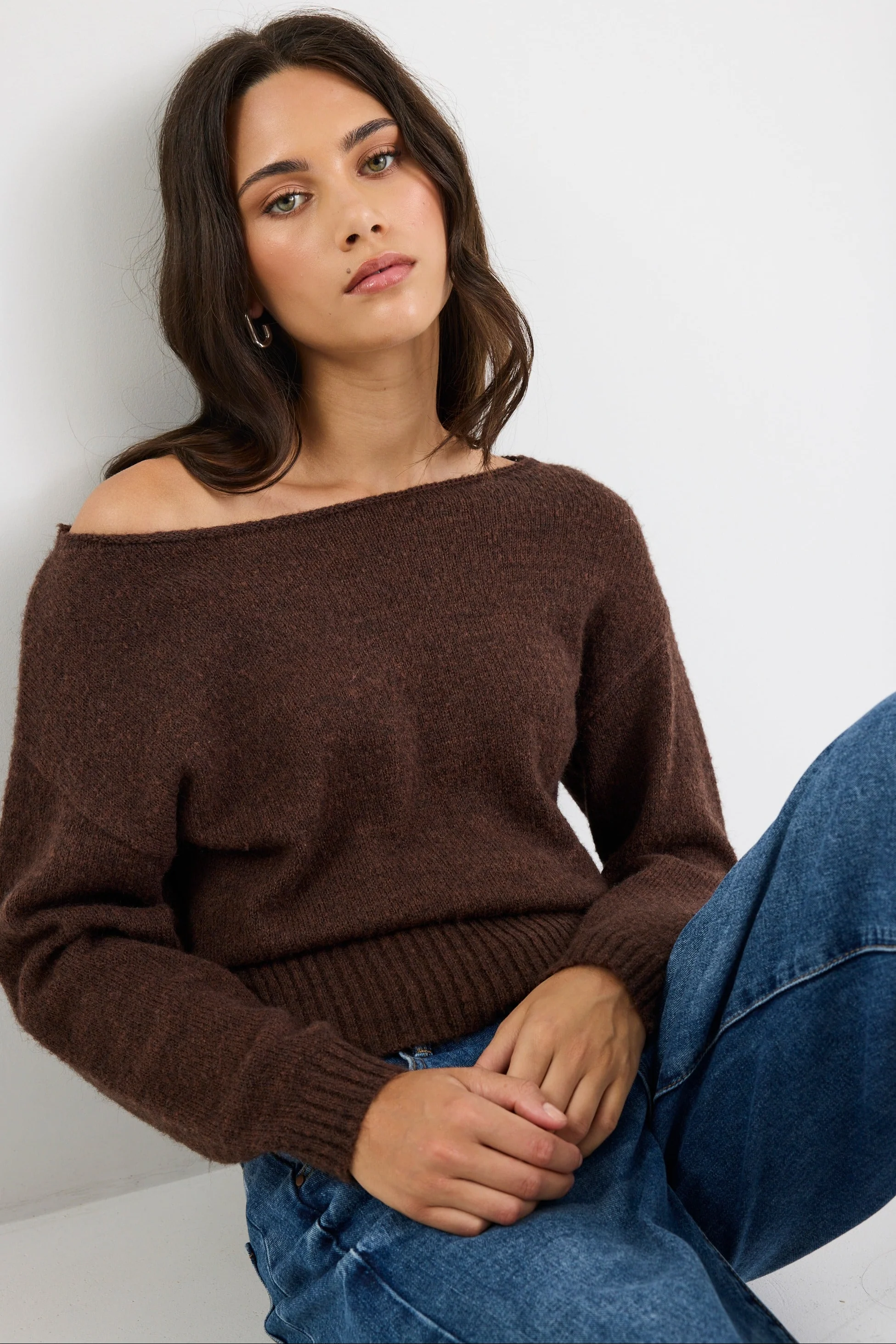 Society Chocolate Off Shoulder Jumper