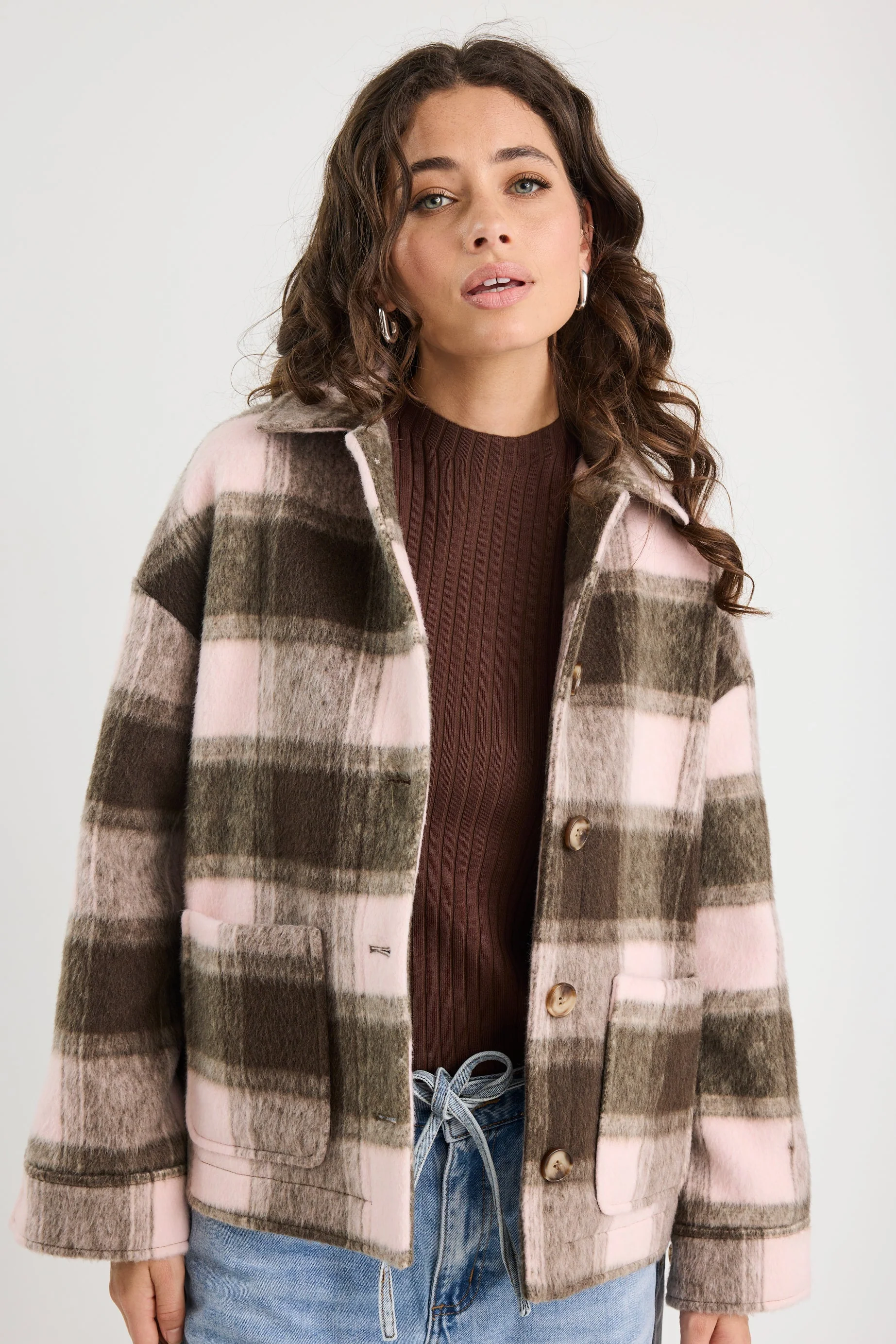 Solace Chocolate Pink Check Oversized Shacket - Image 2