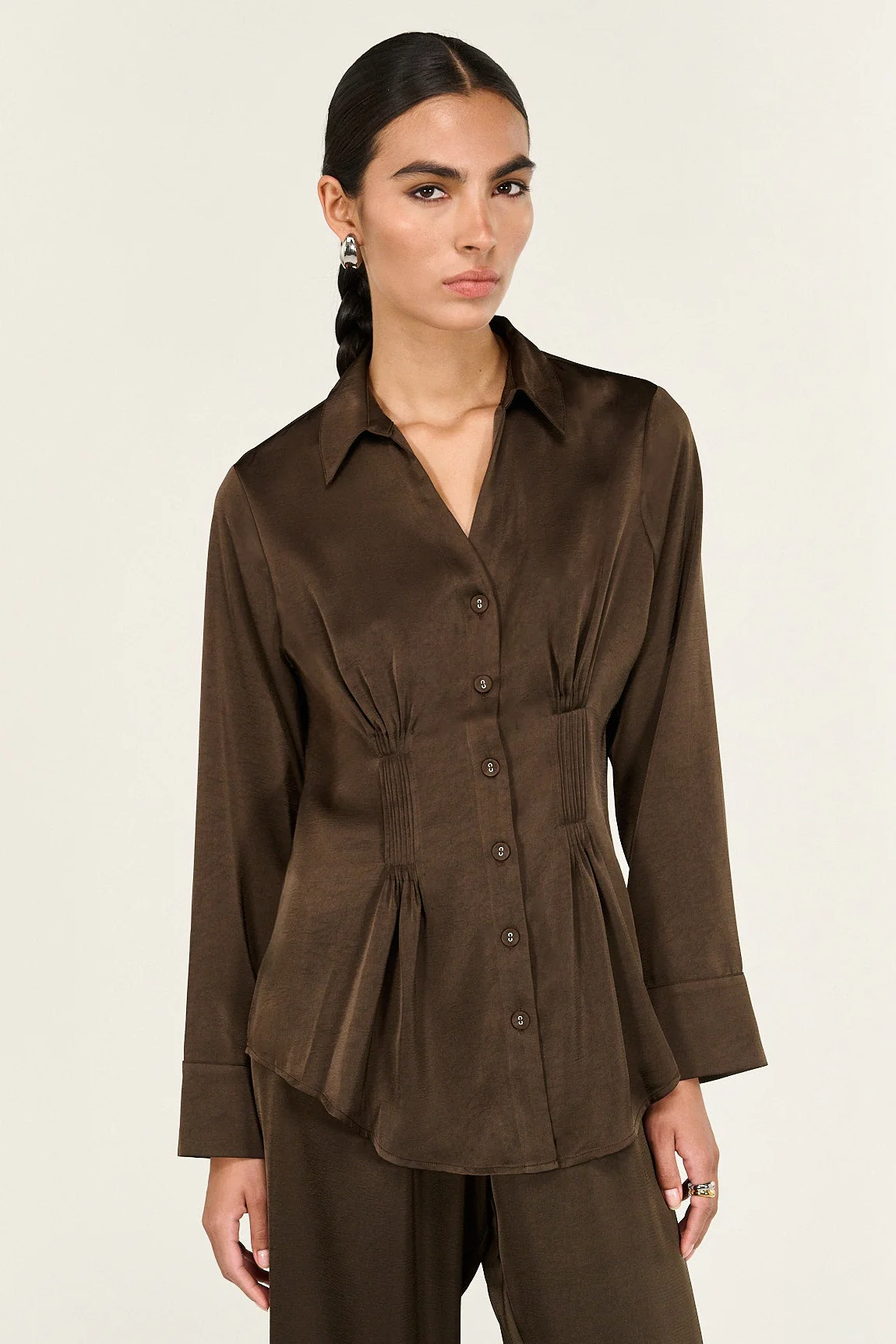 Solace Chocolate Darted Waist LS Satin Shirt