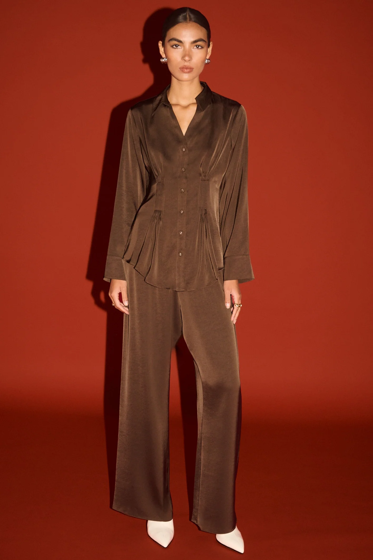 Solace Chocolate Darted Waist LS Satin Shirt - Image 2