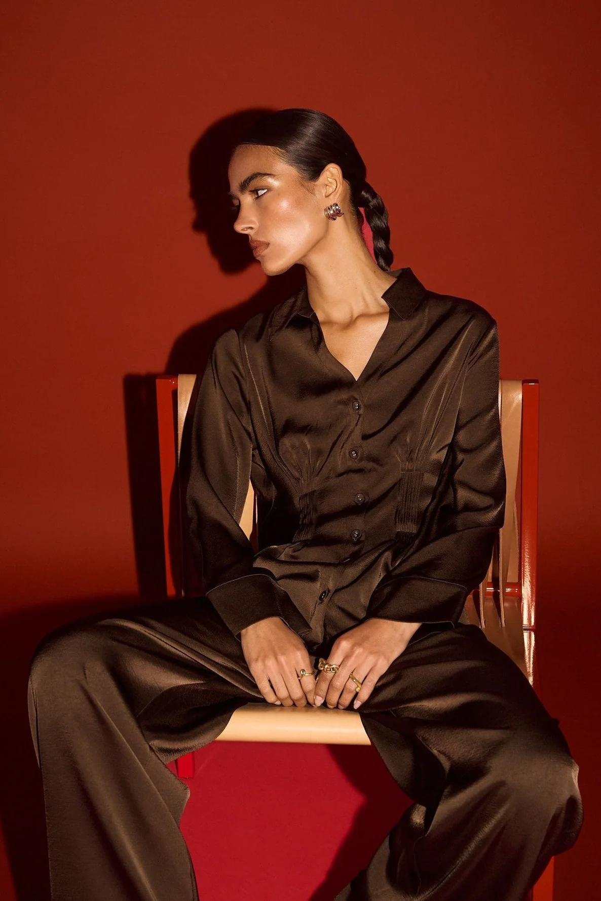 Solace Chocolate Darted Waist LS Satin Shirt - Image 3