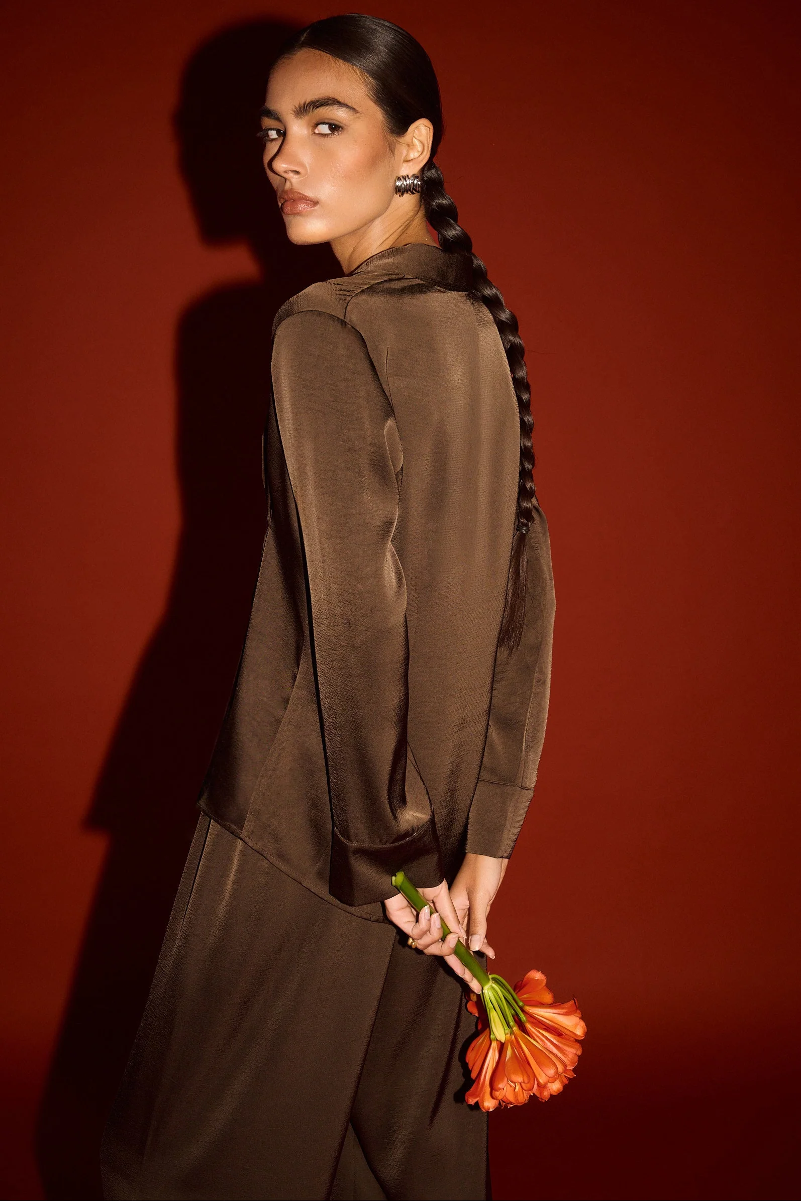 Solace Chocolate Darted Waist LS Satin Shirt - Image 4