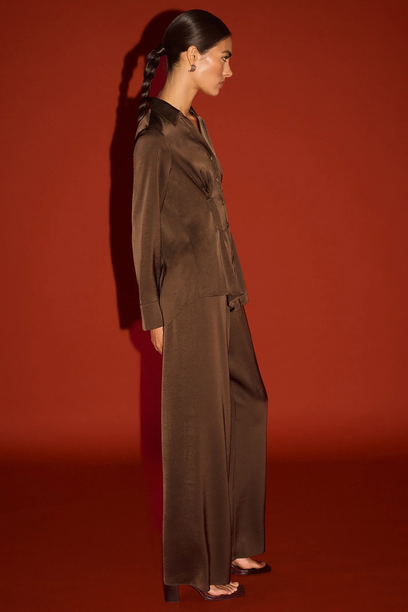 Solace Chocolate Darted Waist LS Satin Shirt - Image 5
