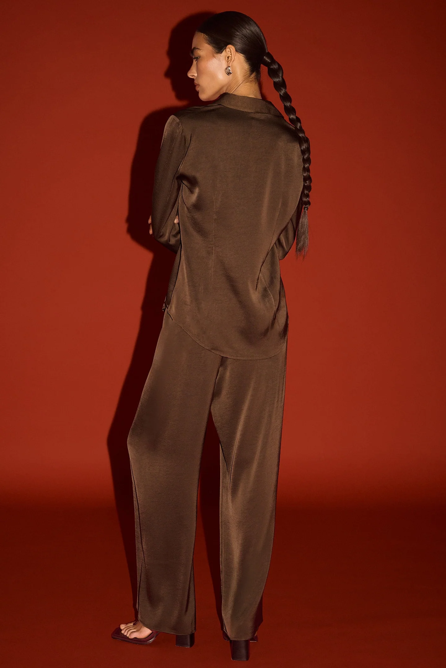 Solace Chocolate Darted Waist LS Satin Shirt - Image 6