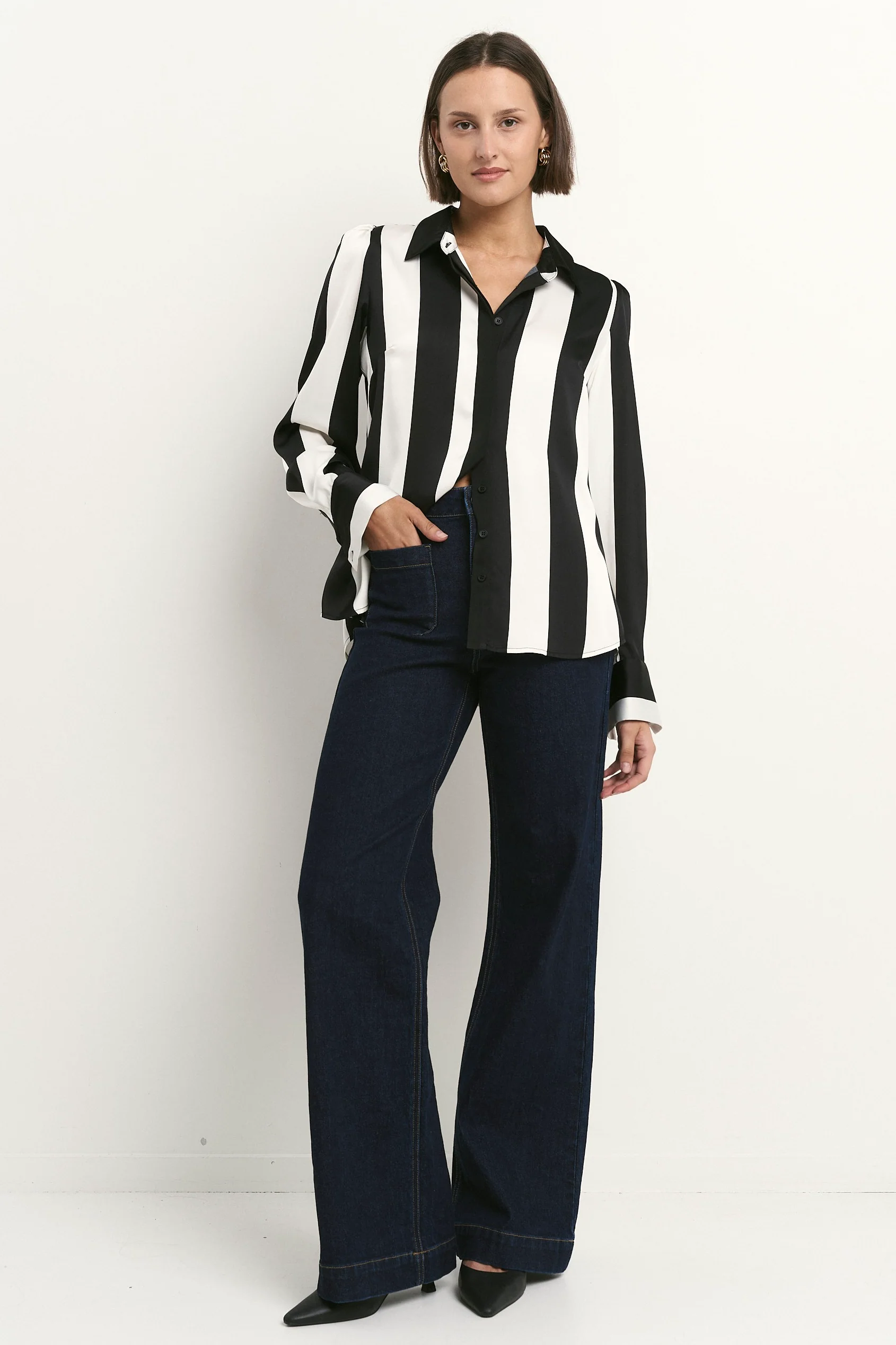 Solidify Satin Black White Stripe Fitted Shirt - Image 4