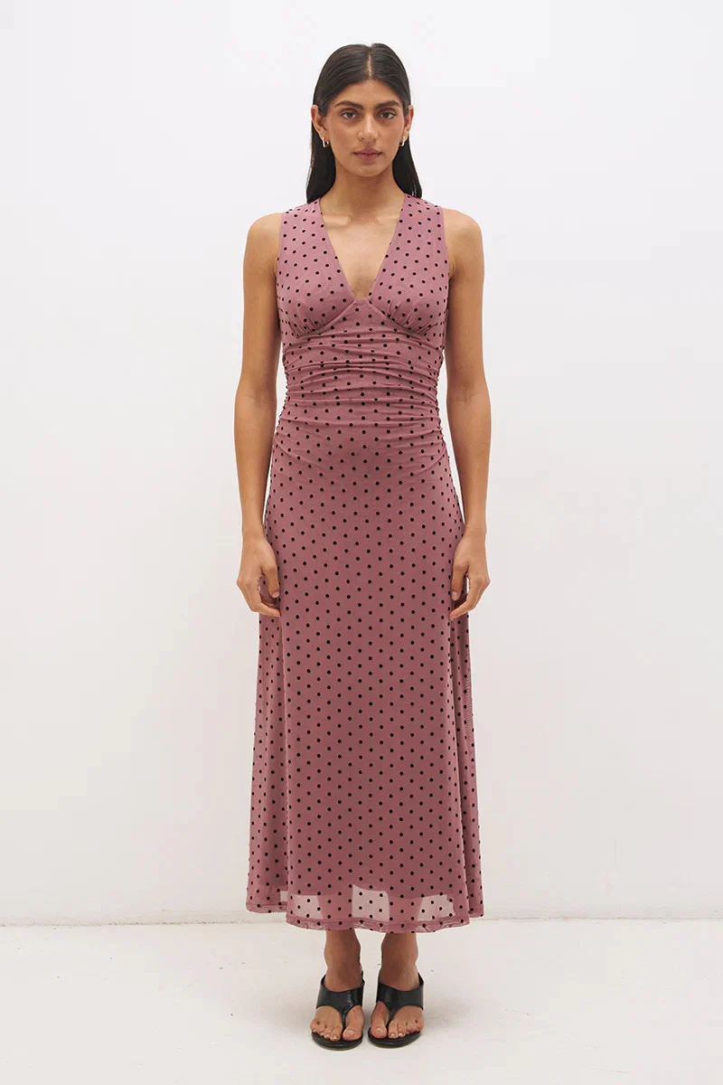 Sonata Rosewood Black Flocked Spot Sleeveless V Neck Mesh Maxi Dress