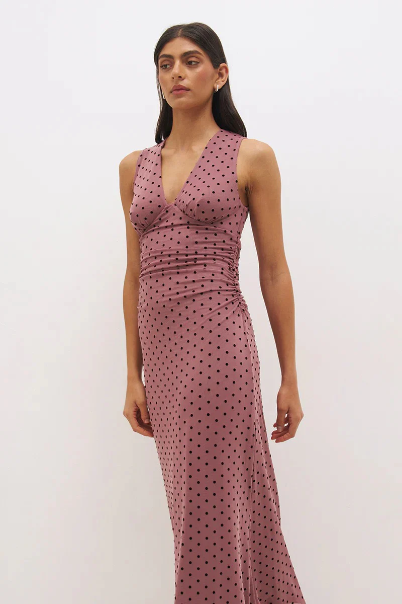 Sonata Rosewood Black Flocked Spot Sleeveless V Neck Mesh Maxi Dress - Image 2