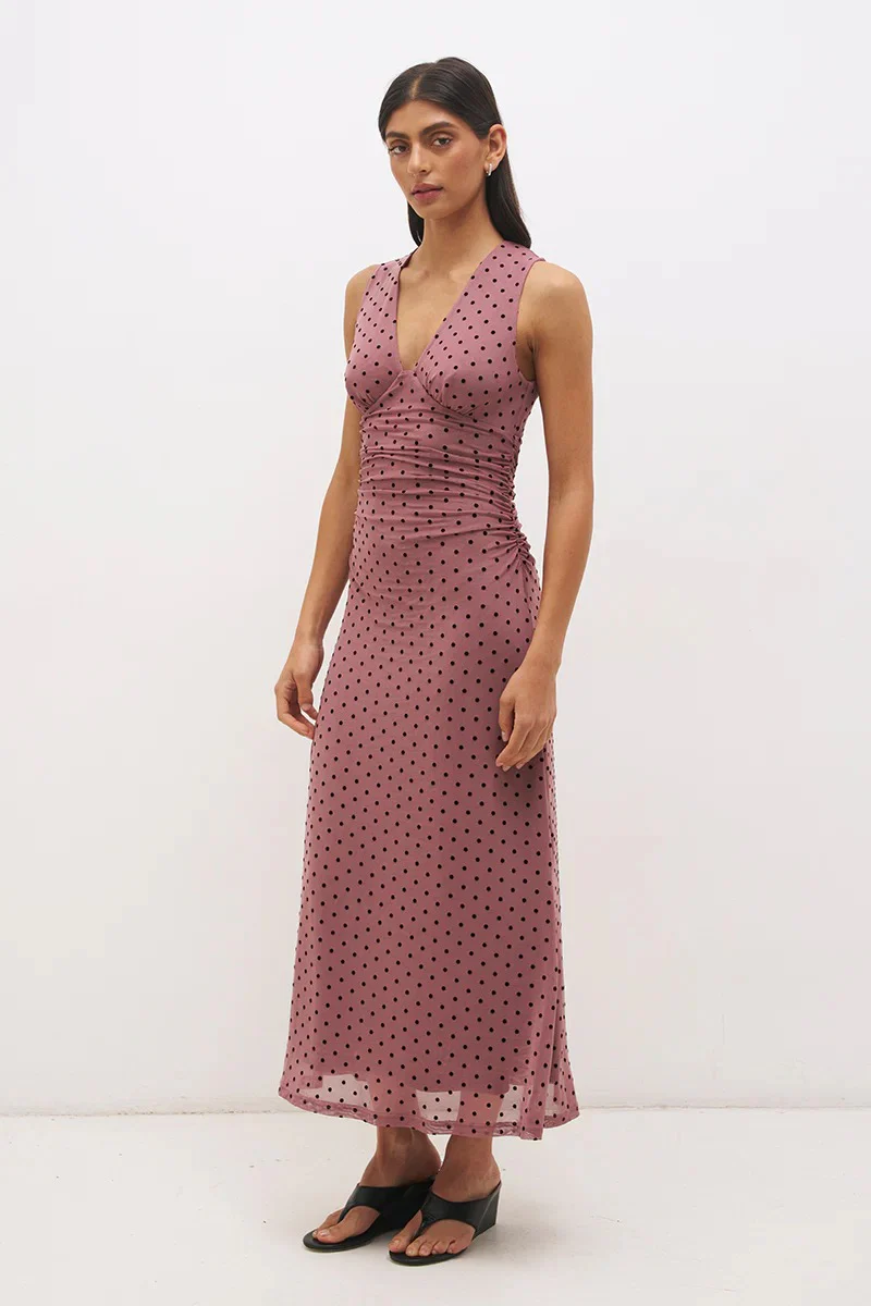 Sonata Rosewood Black Flocked Spot Sleeveless V Neck Mesh Maxi Dress - Image 3