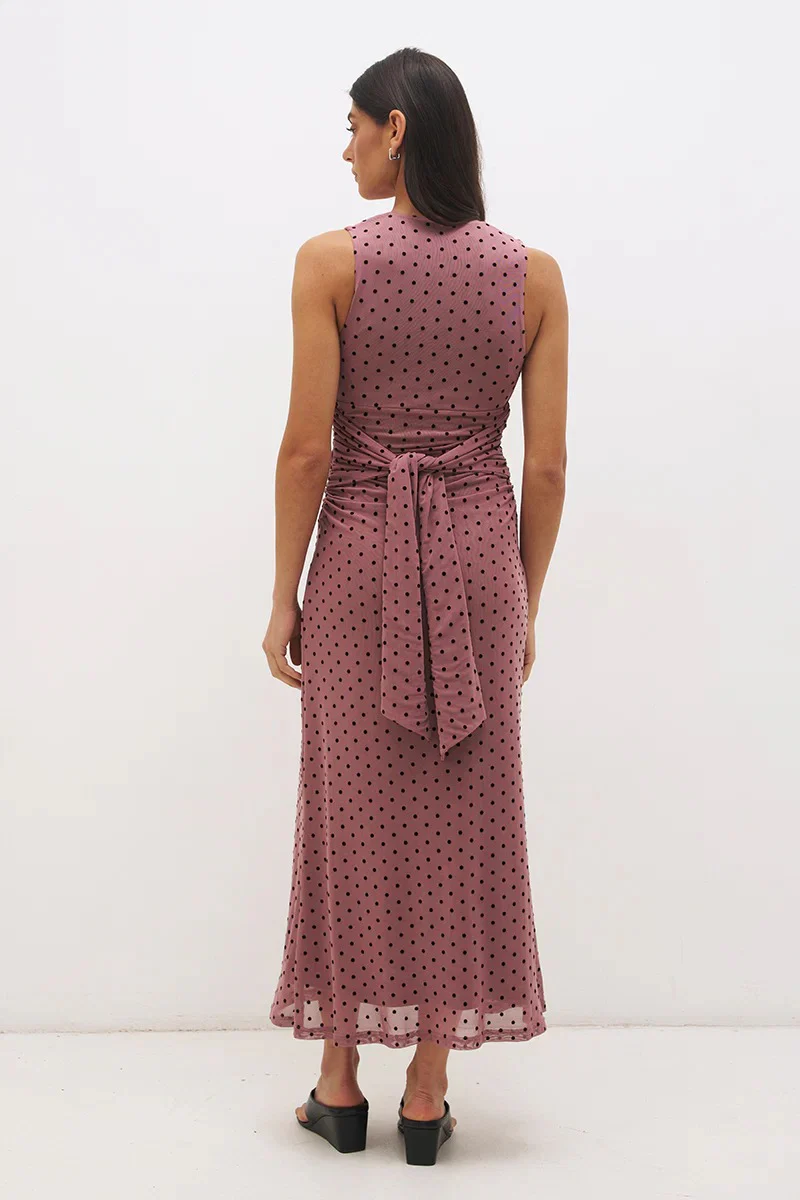 Sonata Rosewood Black Flocked Spot Sleeveless V Neck Mesh Maxi Dress - Image 4
