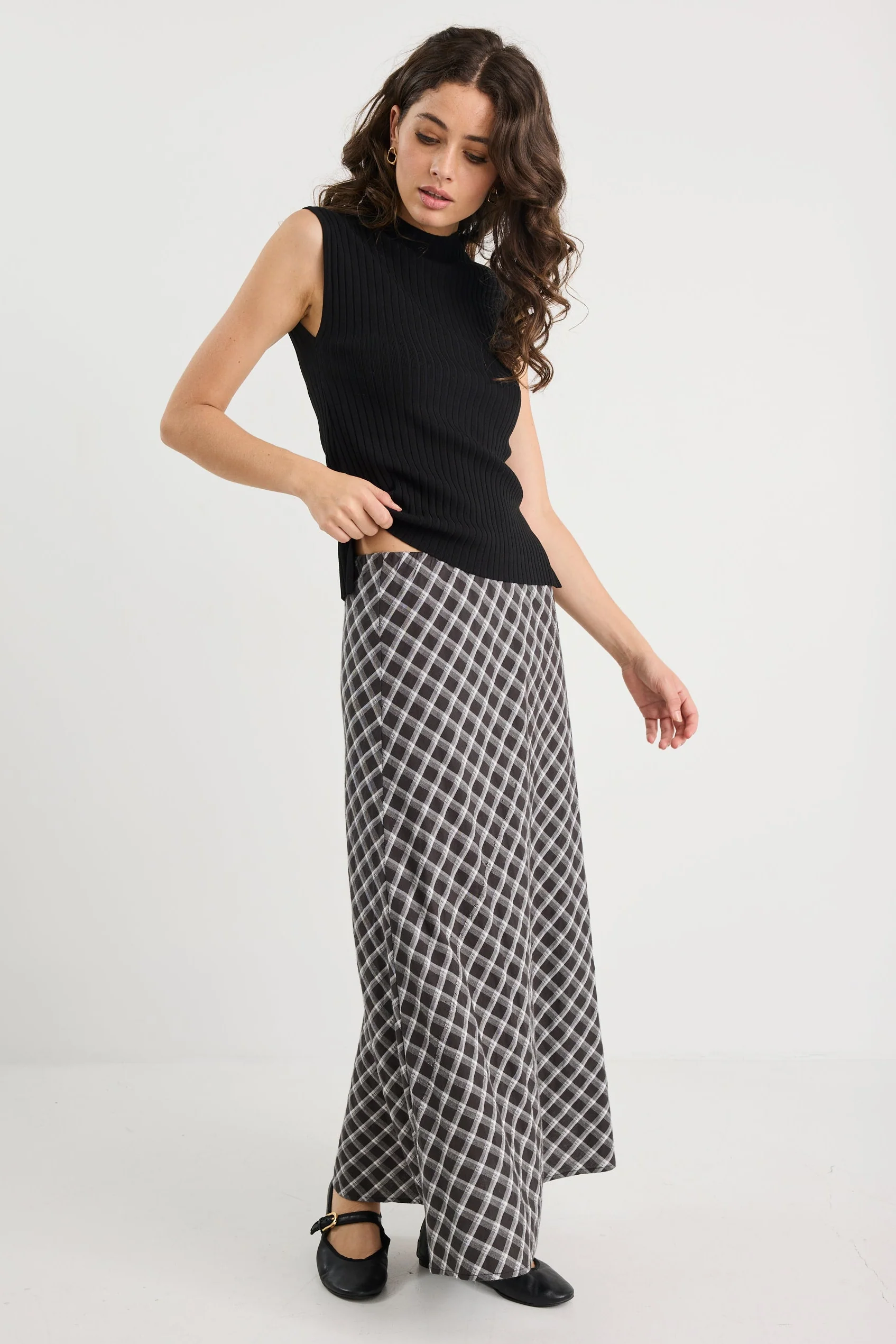 Soulmate Black White Check Bias Cut Midi Skirt