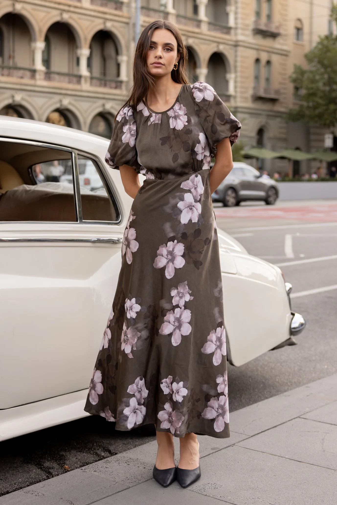 Stage Cocoa Blossom Floral Satin Puff Sleeve Floaty Maxi Dress