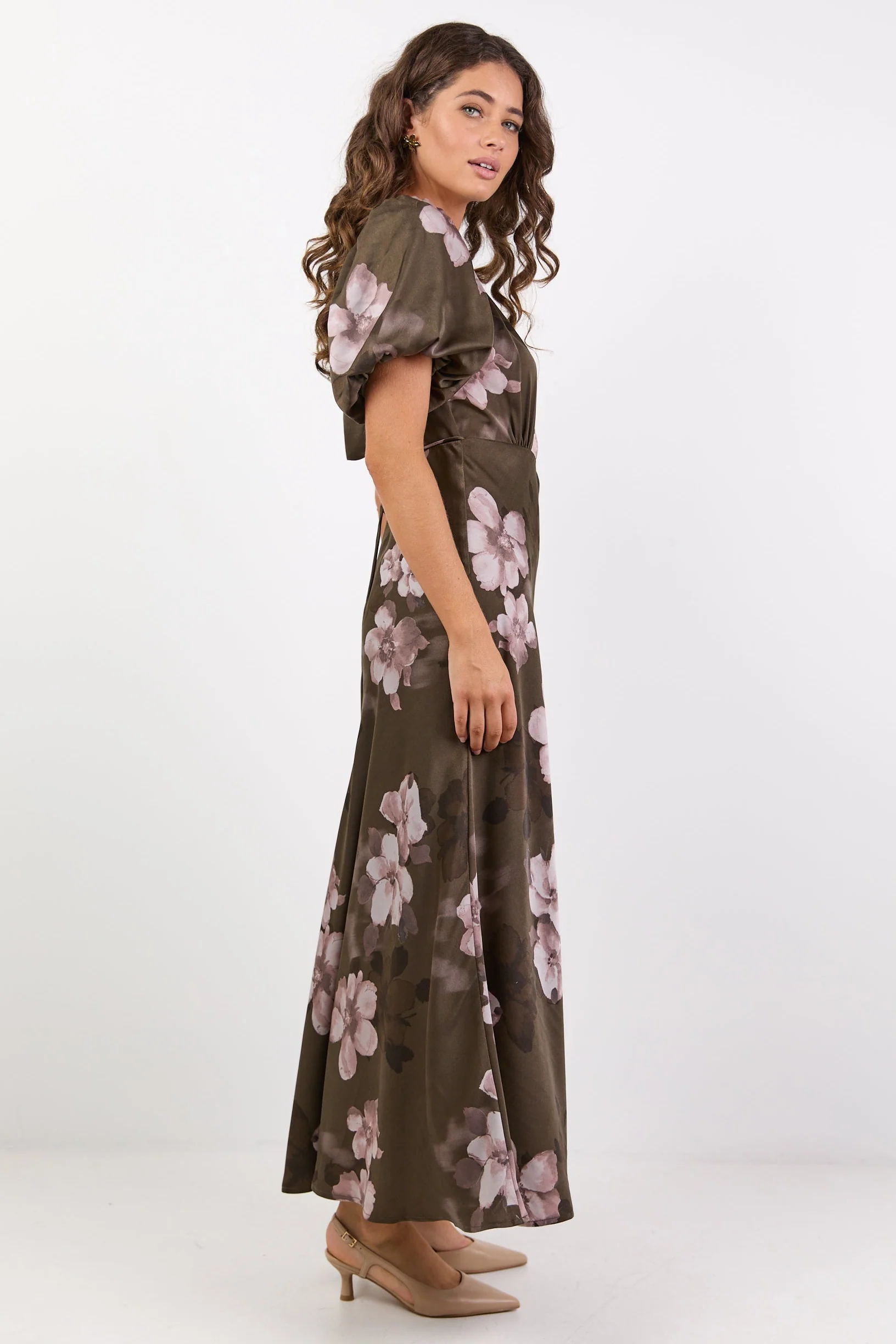 Stage Cocoa Blossom Floral Satin Puff Sleeve Floaty Maxi Dress - Image 4