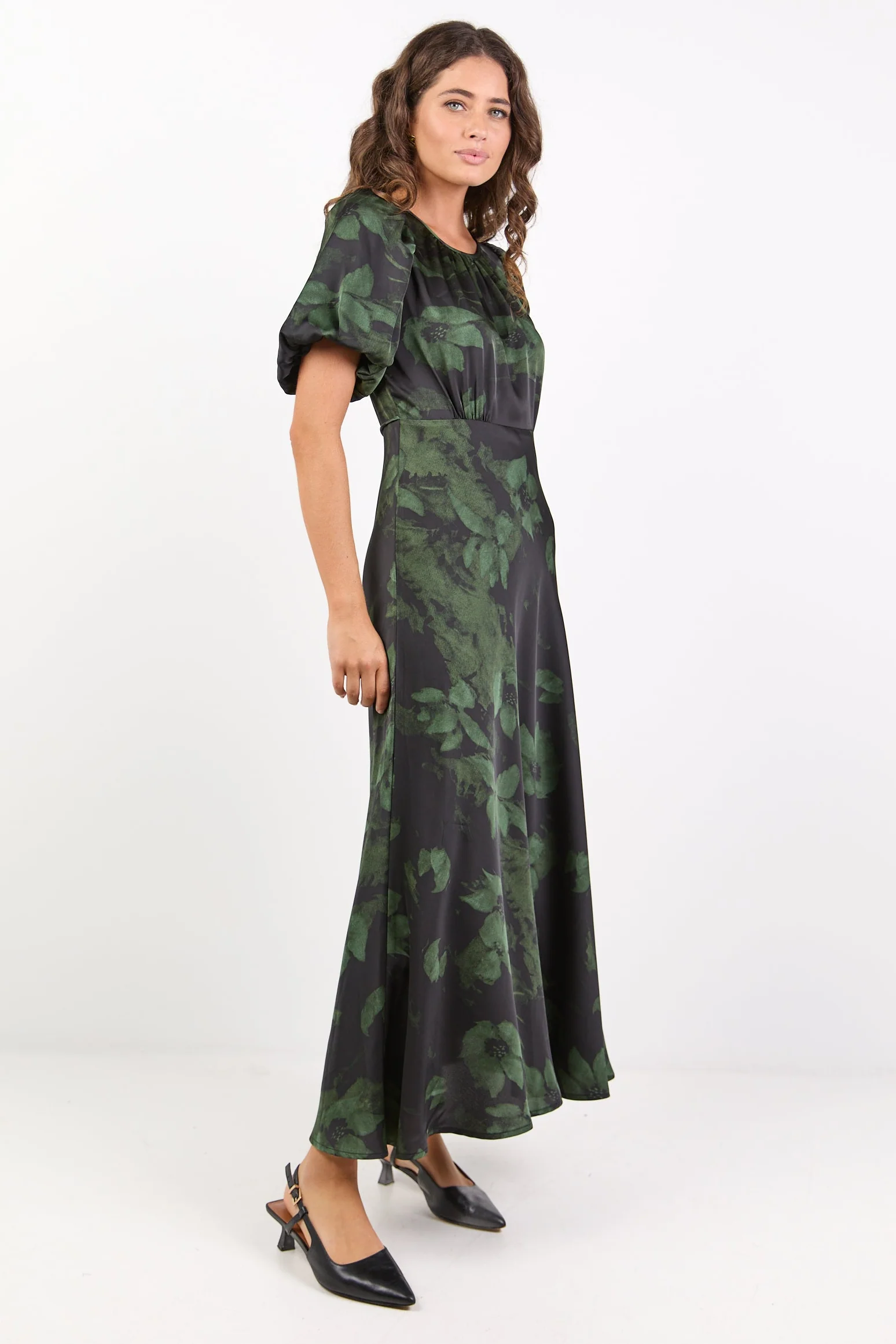 Stage Green Shadow Garden Satin Puff Sleeve Floaty Maxi Dress - Image 3