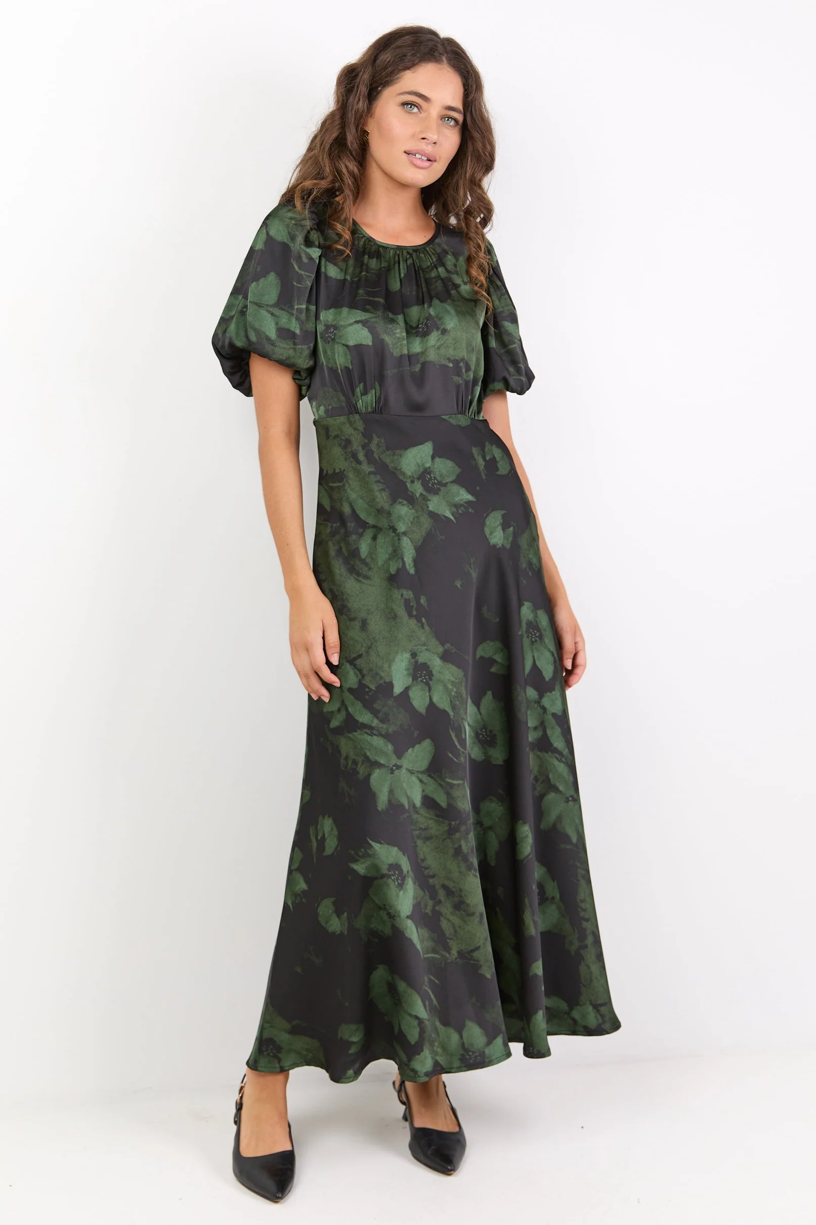 Stage Green Shadow Garden Satin Puff Sleeve Floaty Maxi Dress - Image 4
